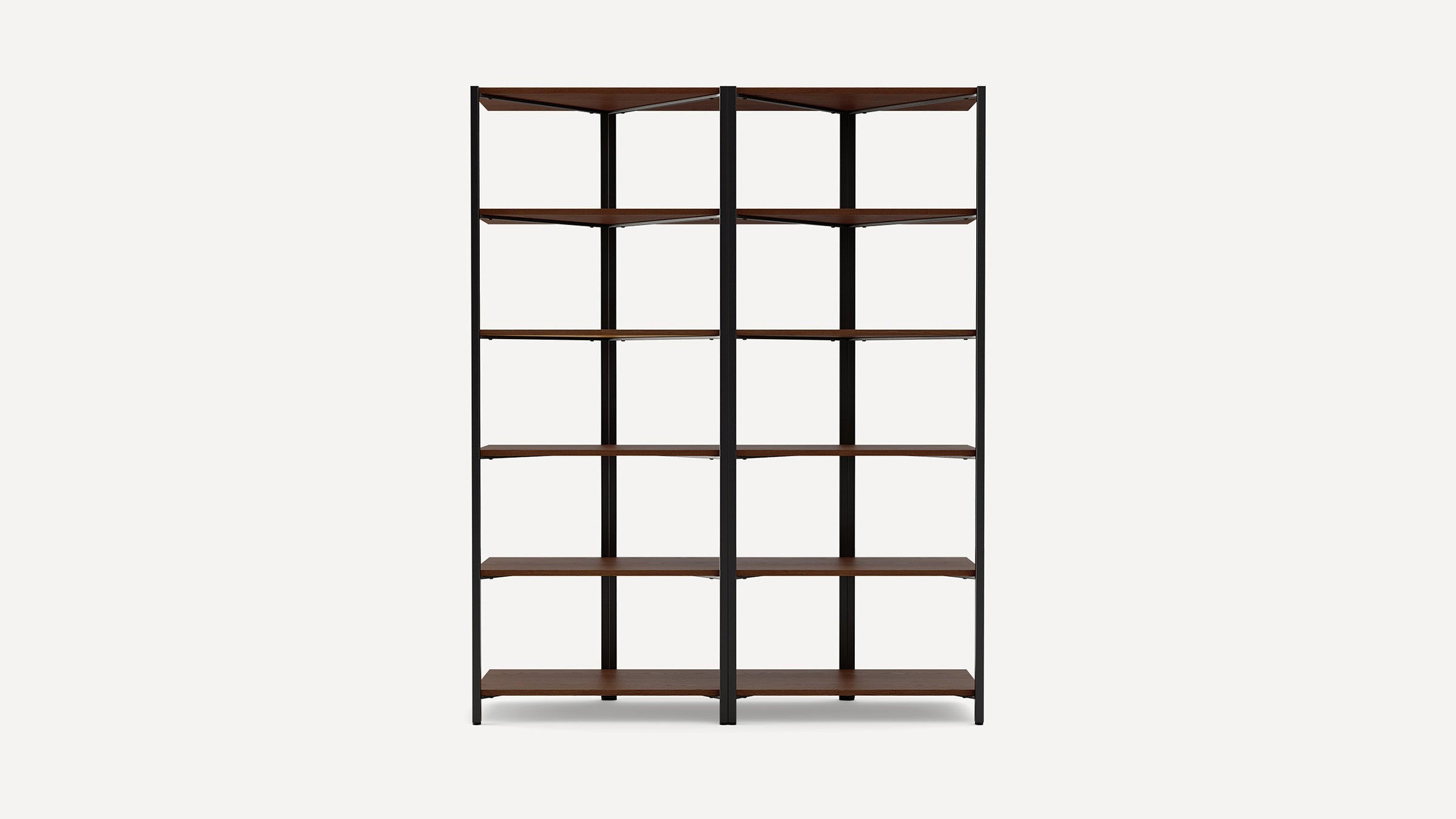 Double-sided bookshelf with five wooden shelves and a black metal frame, designed for corner placement and maximum storage.