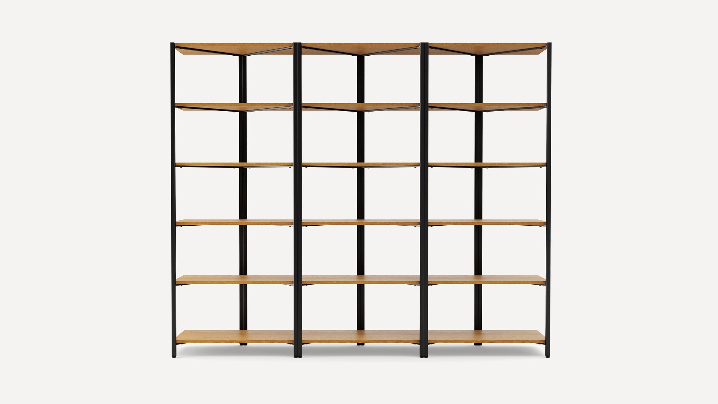 Modern open shelving unit with six wooden shelves supported by a black metal frame, arranged in three vertical sections.