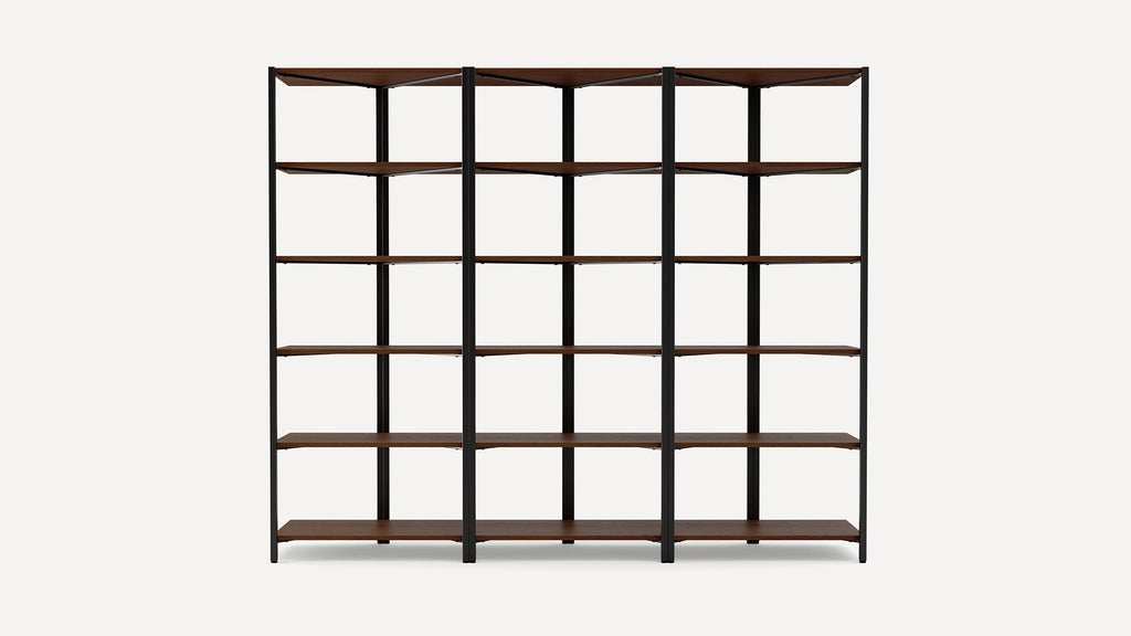 Modern shelving unit with dark wood shelves and black metal frame, featuring four shelves per section across three sections.