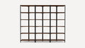 Modern shelving unit with dark wood shelves and black metal frame, featuring four shelves per section across three sections.