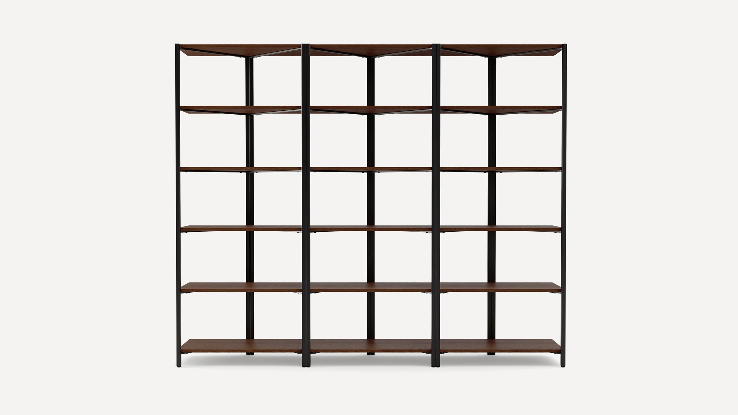 Modern shelving unit with dark wood shelves and black metal frame, featuring four shelves per section across three sections.