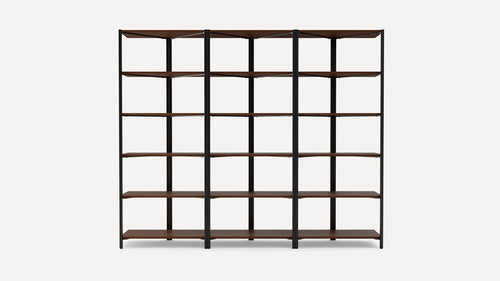 Modern shelving unit with dark wood shelves and black metal frame, featuring four shelves per section across three sections.