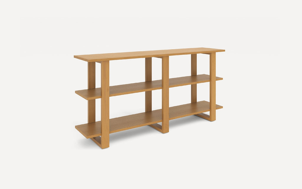 Rectangular wooden shelving unit with three horizontal shelves and vertical supports, featuring an open, minimalist design.