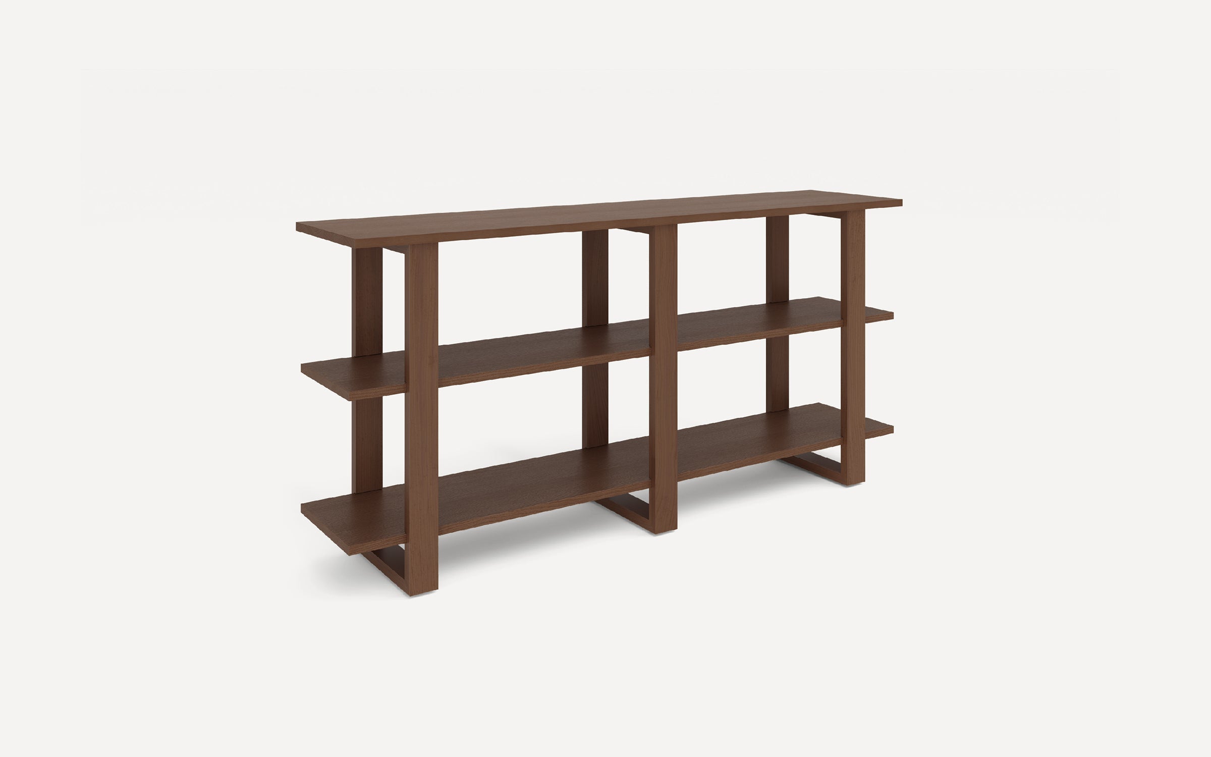 Wooden console table with three open shelves and vertical supports, featuring a simple modern design in dark brown finish.