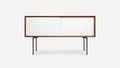 Modern sideboard with white sliding doors, walnut frame, and black metal legs, minimalist and sleek design.