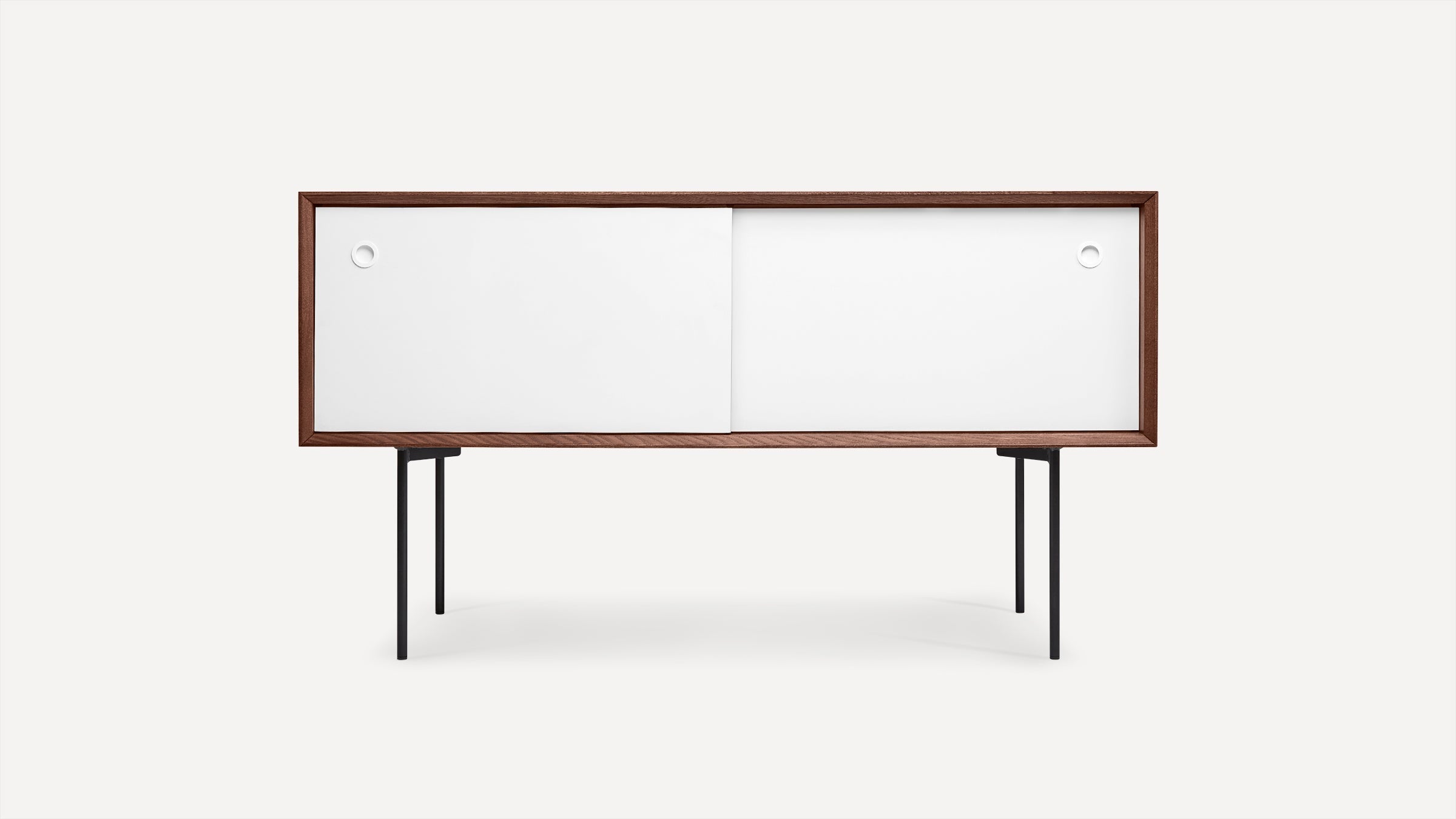 Modern sideboard with white sliding doors, walnut frame, and black metal legs, minimalist and sleek design.