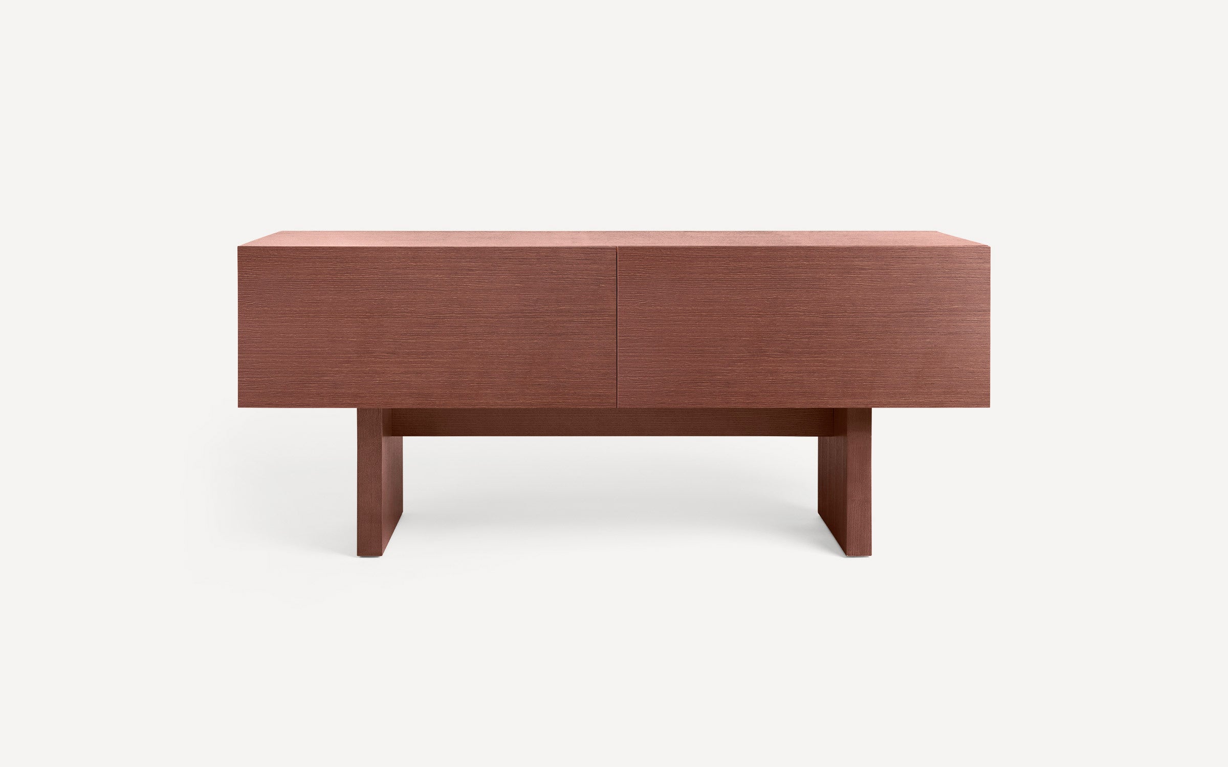 Minimalist rectangular wooden sideboard with a reddish-brown finish, two front panels, and a sturdy base.