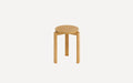 Round wooden stool with three straight legs and a light natural wood finish, set against a plain white background.
