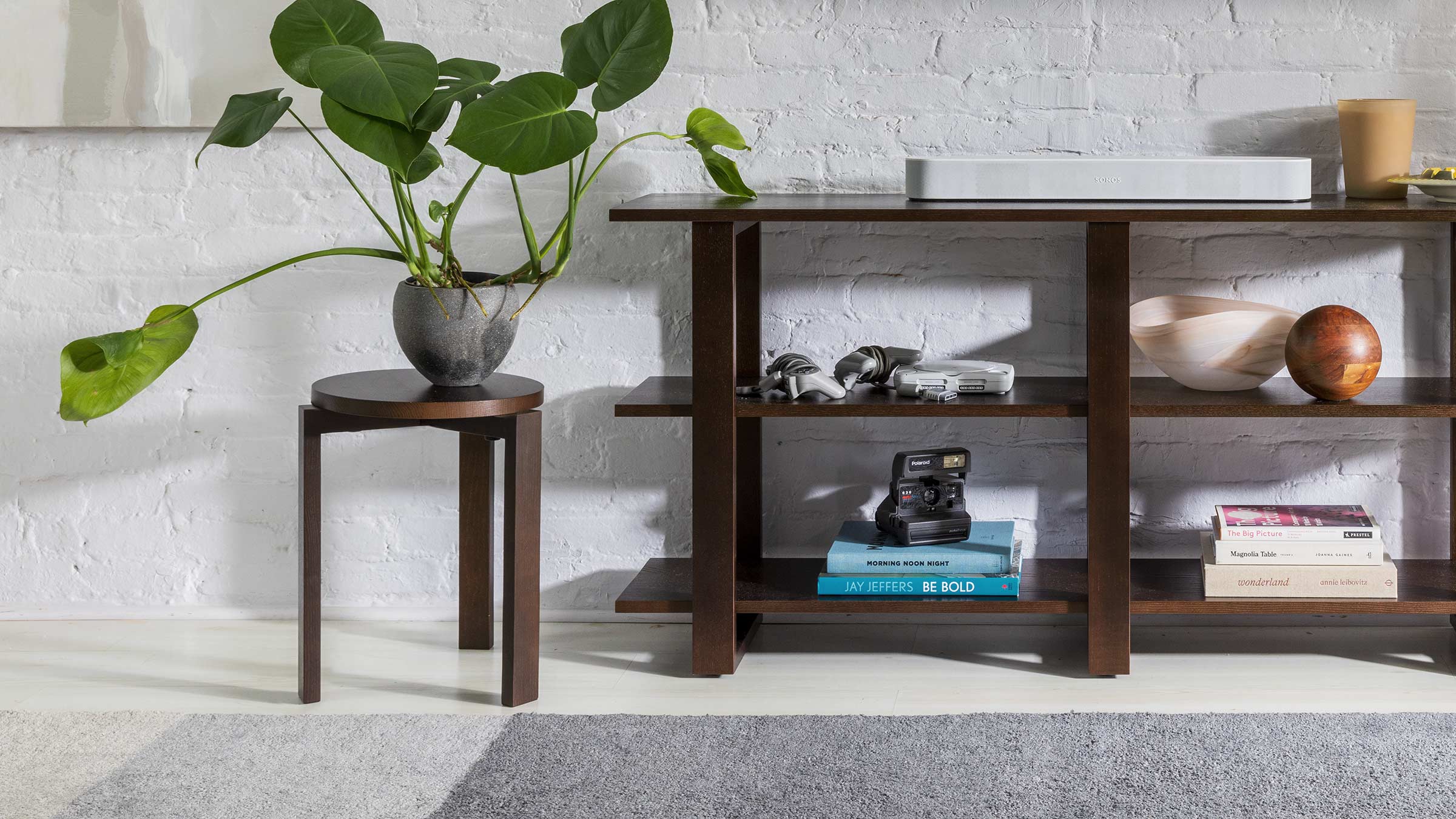 a white brick wall behind a wooden shelf with a plant, books, and a camera on it