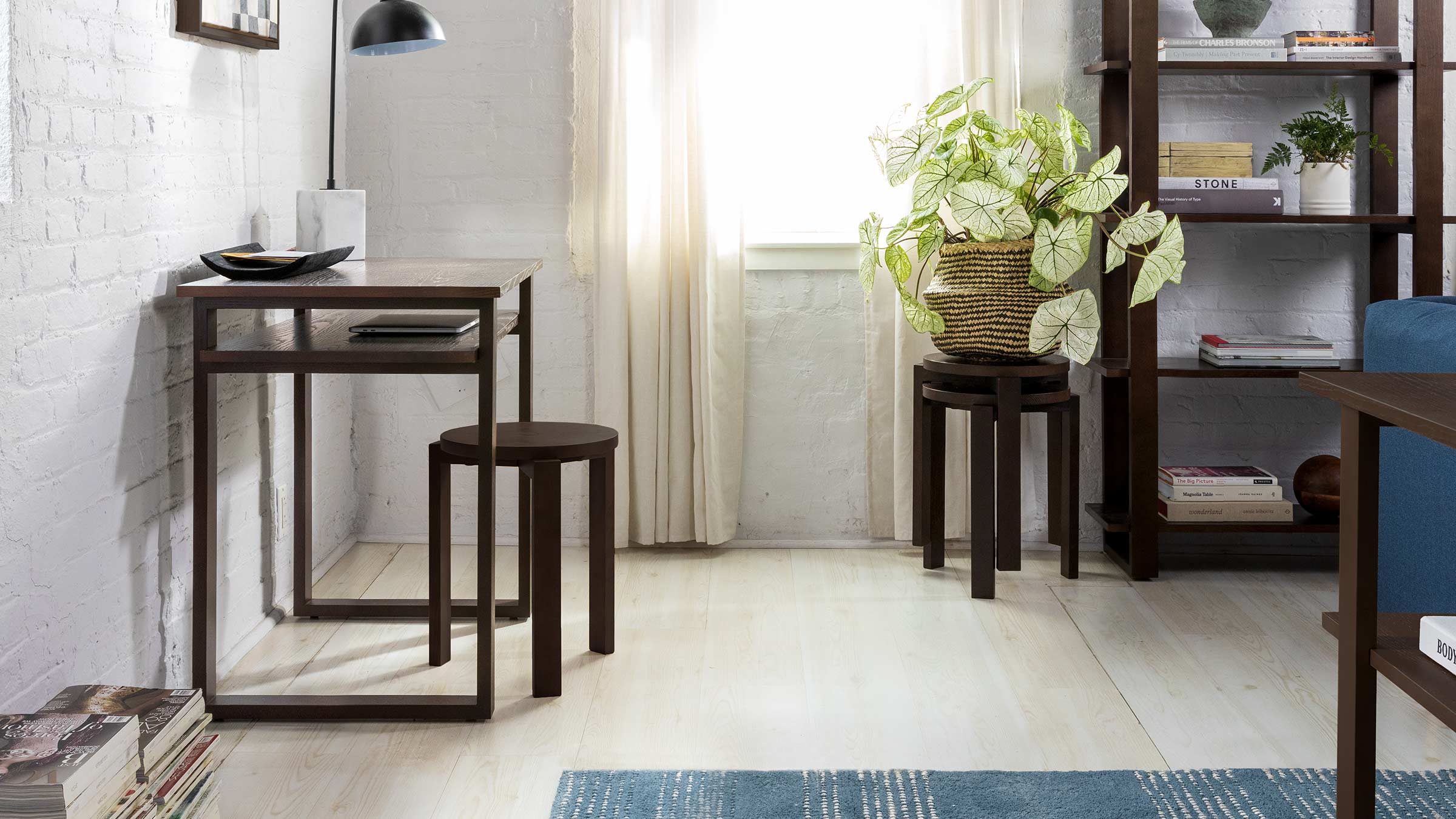 a living room with a wooden table, two chairs, a plant and a blue rug