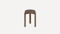Round wooden stool with three straight legs in a minimalist design against a plain white background.