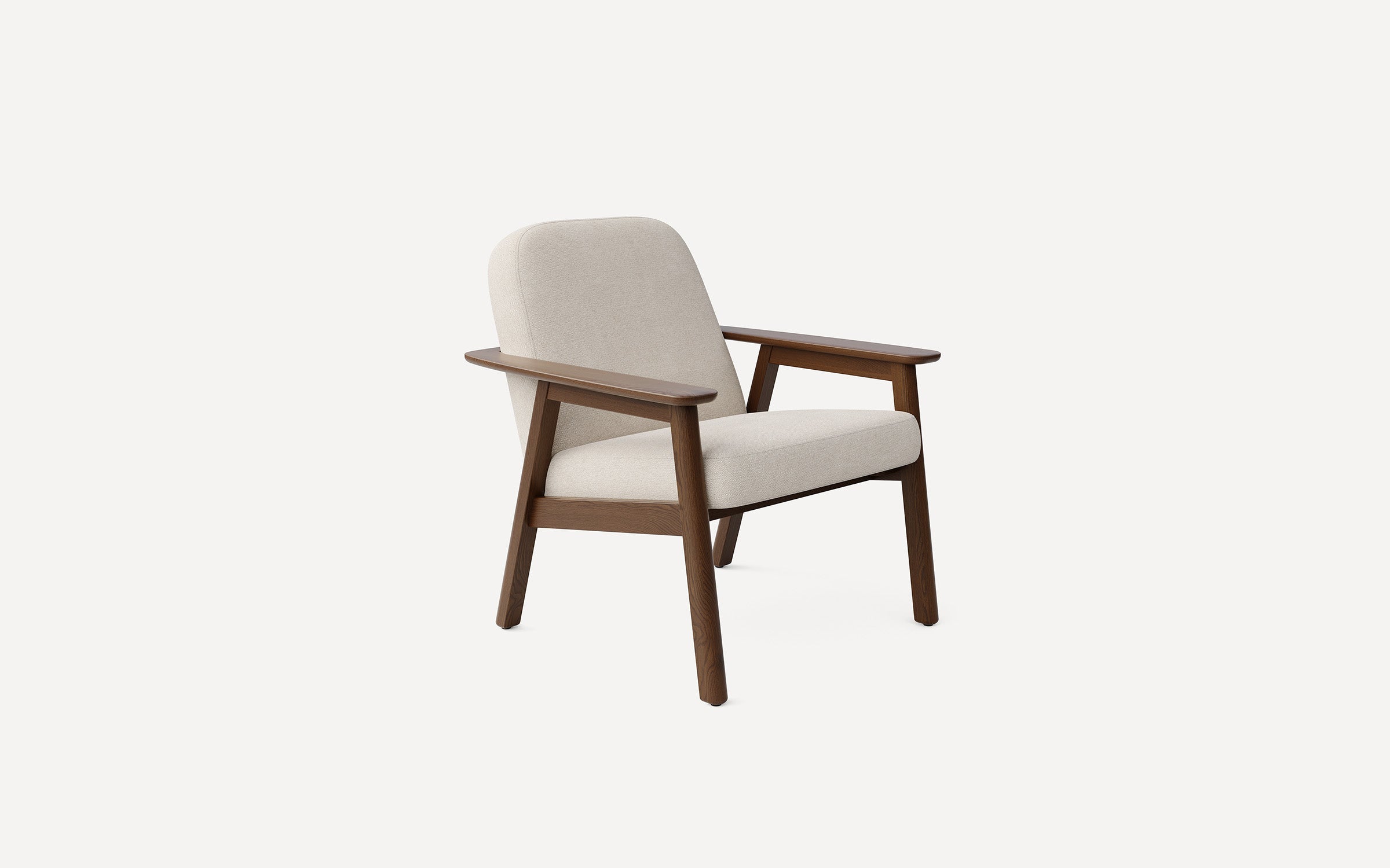 Modern beige upholstered lounge chair with angled dark wood frame and wide armrests on a white background.