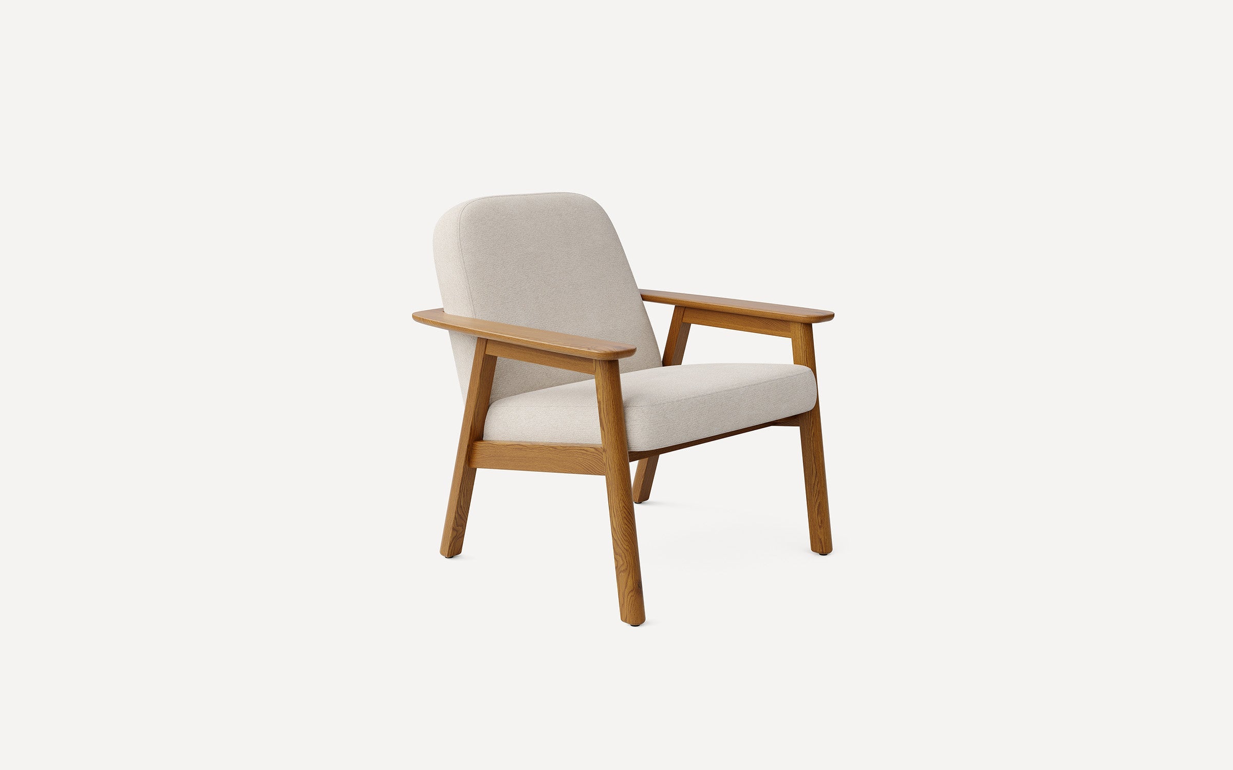 Mid-century modern armchair with beige cushioned seat and backrest, supported by a light brown wooden frame.