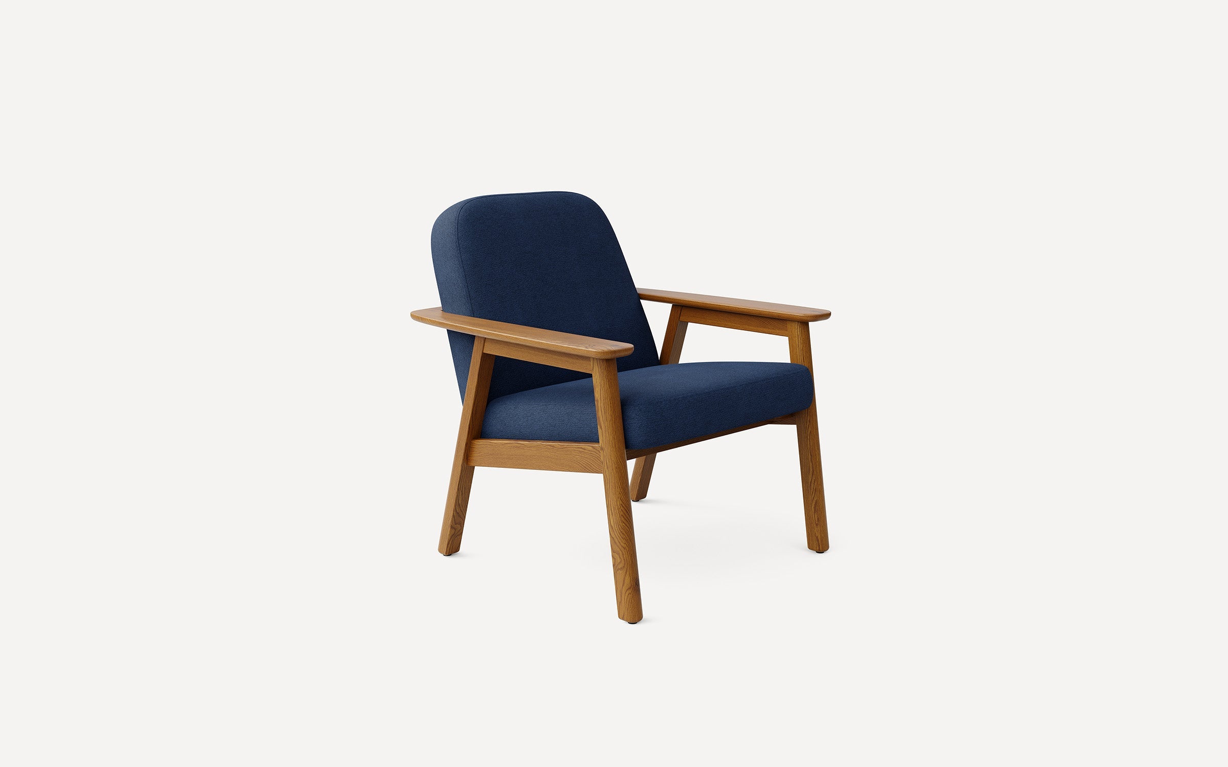 Mid-century modern armchair with blue upholstered seat and backrest, featuring light wooden frame and armrests.