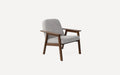 Mid-century modern lounge chair with light gray upholstered seat and backrest, featuring dark wooden armrests and legs.