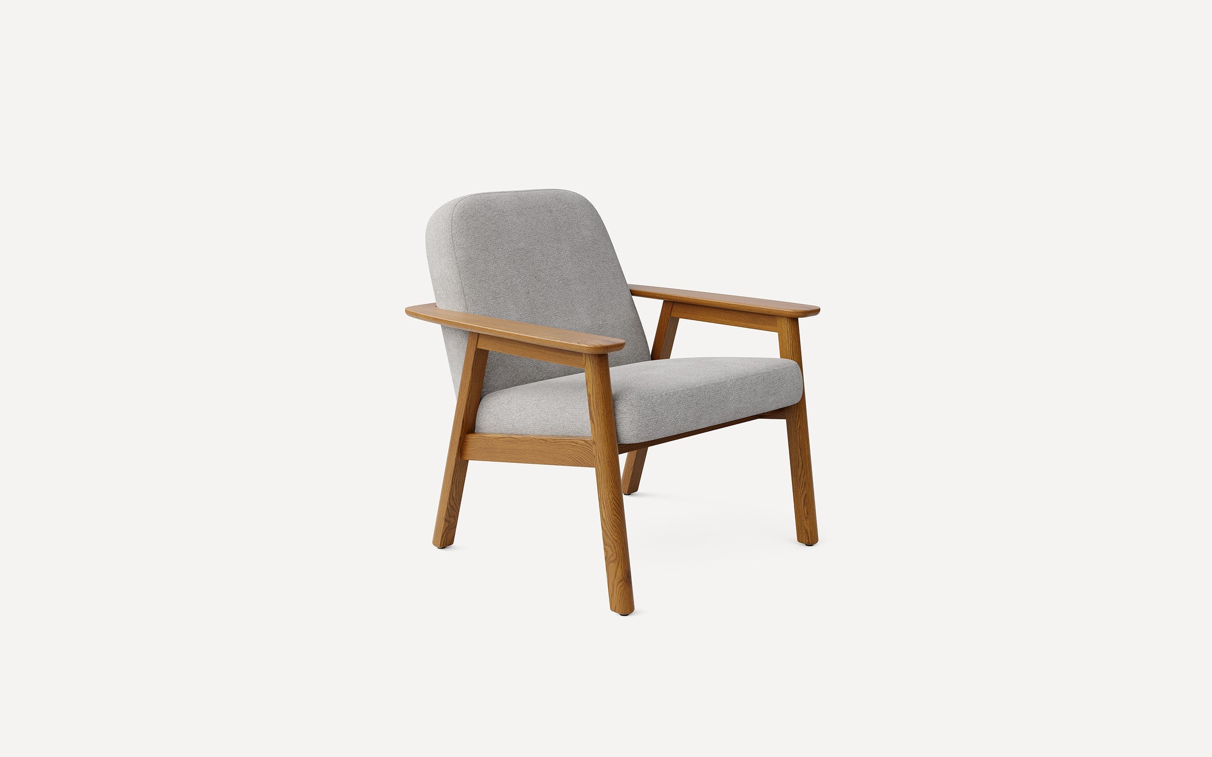 Mid-century modern armchair with light grey cushioned fabric seat and backrest, wooden frame, and angled legs.