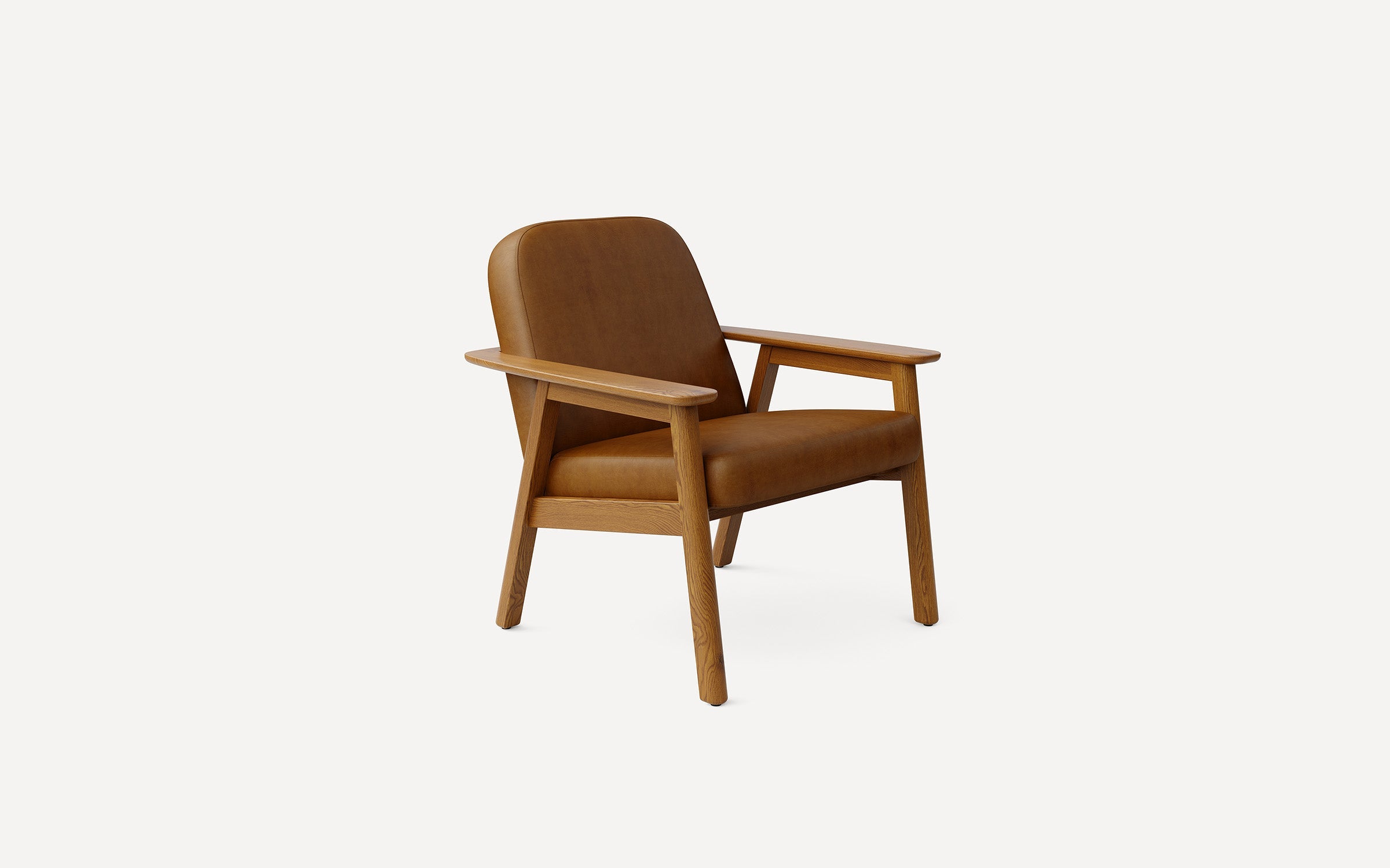 Mid-century modern armchair with brown leather cushion and light wooden frame and armrests, isolated on white background.