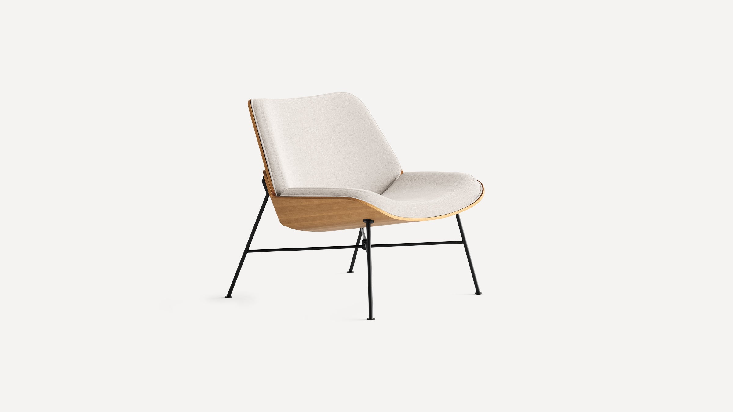 Modern lounge chair with light beige fabric upholstery, curved wooden shell, and black metal legs on white background.