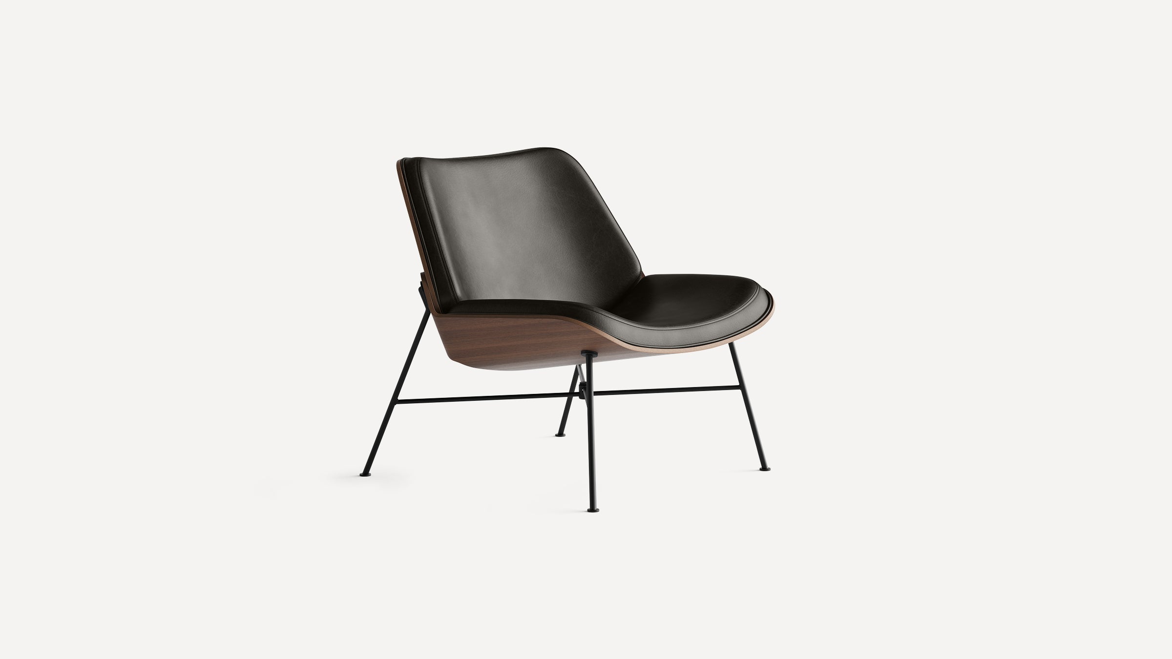 Modern lounge chair with black leather cushioning, curved wooden shell, and slim black metal legs on white background.