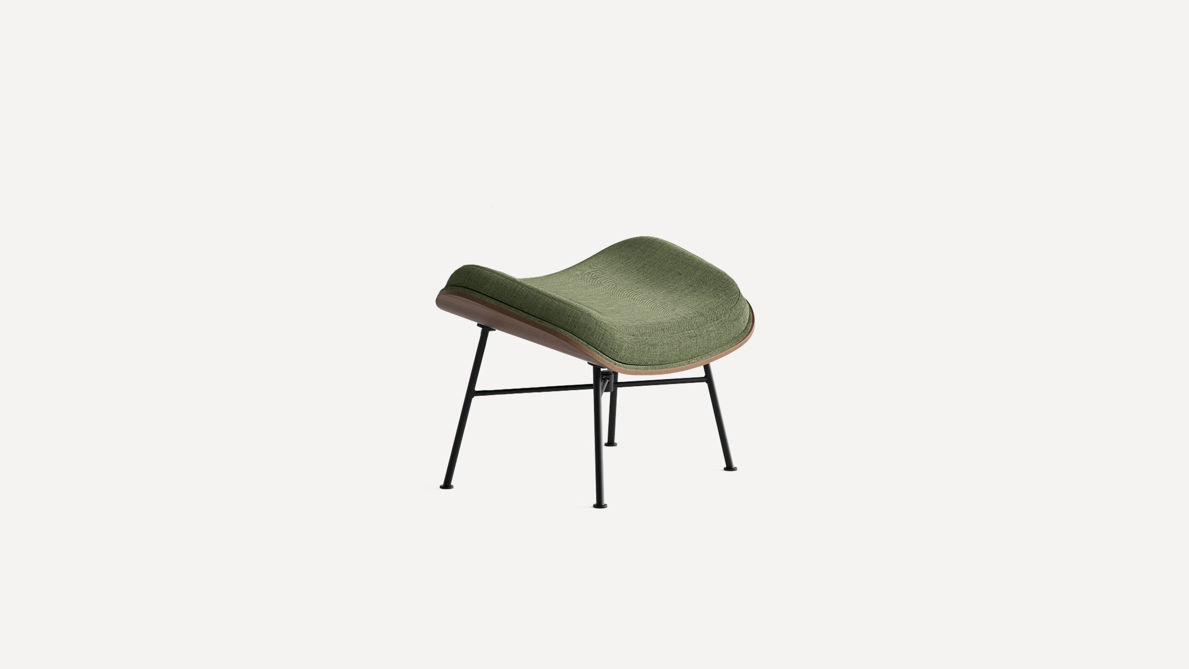 Modern olive green cushioned ottoman with curved wooden base and slender black metal legs, designed for comfort and style.