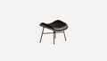 Modern black leather ottoman with curved wooden frame and slender black metal legs on a white background.