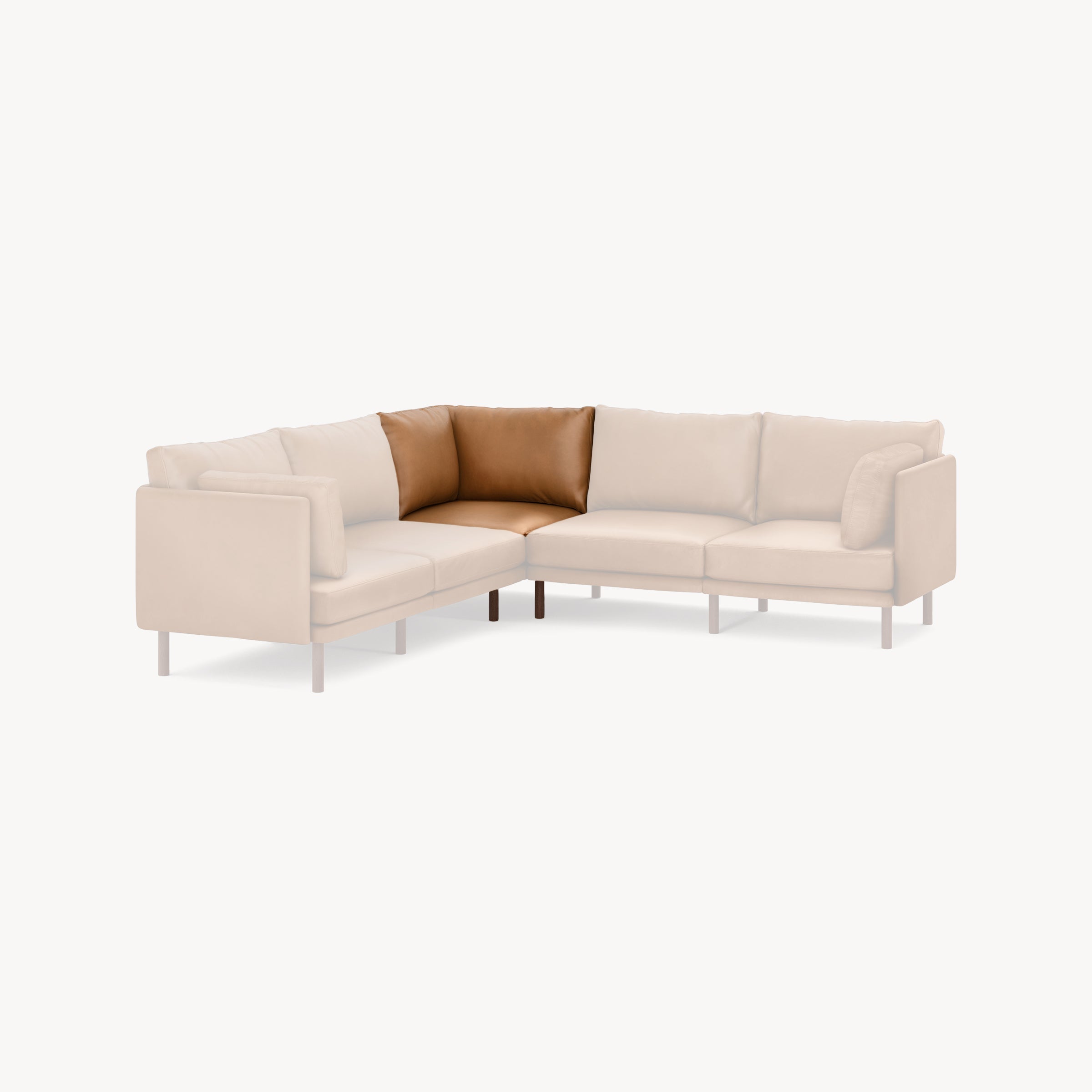 Sectional sofa with cream cushions and contrasting brown leather corner cushions, featuring modern straight armrests and slim legs.