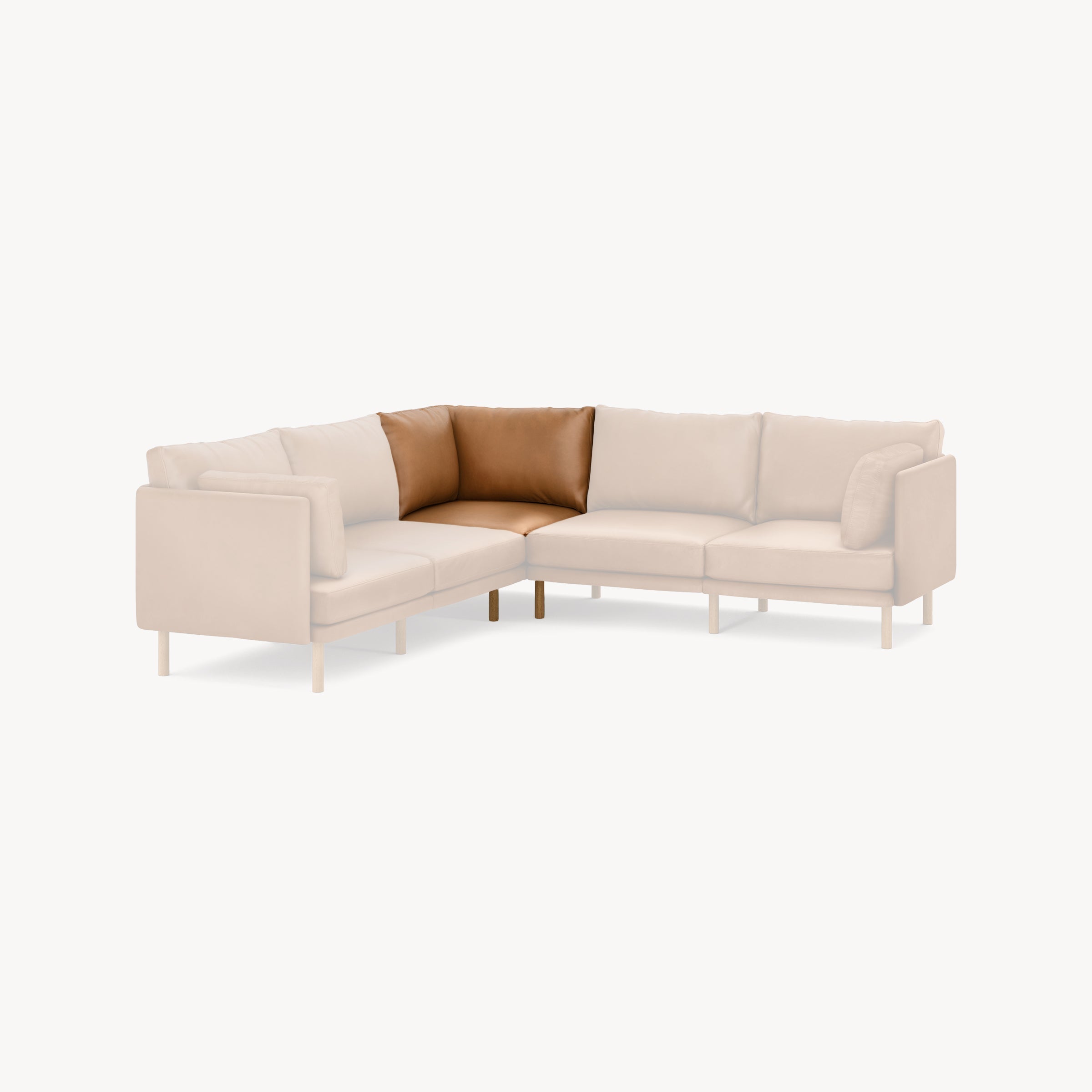Modern L-shaped sectional sofa with beige fabric upholstery and contrasting brown leather corner cushions, supported by light wooden legs.