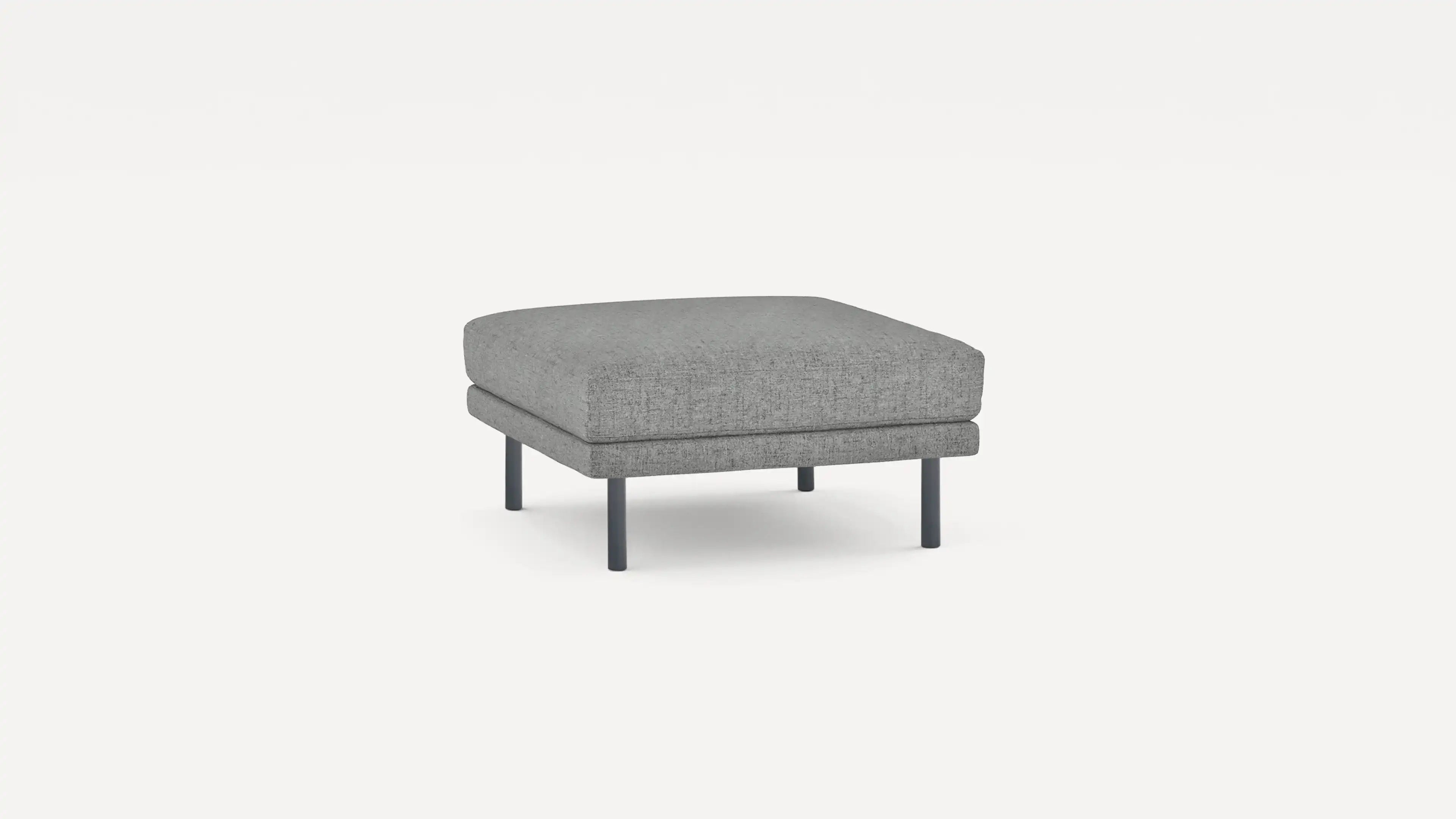 modern gray upholstered ottoman with black metal legs and a square cushioned cushion on a white background