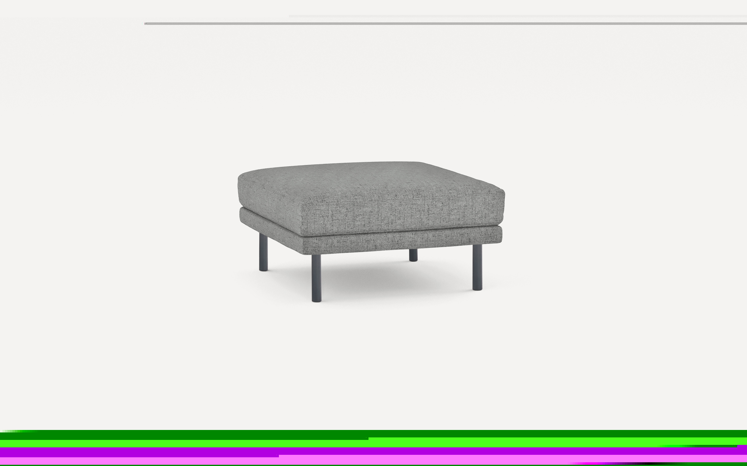 Modern square gray fabric ottoman with thin black metal legs on white background.