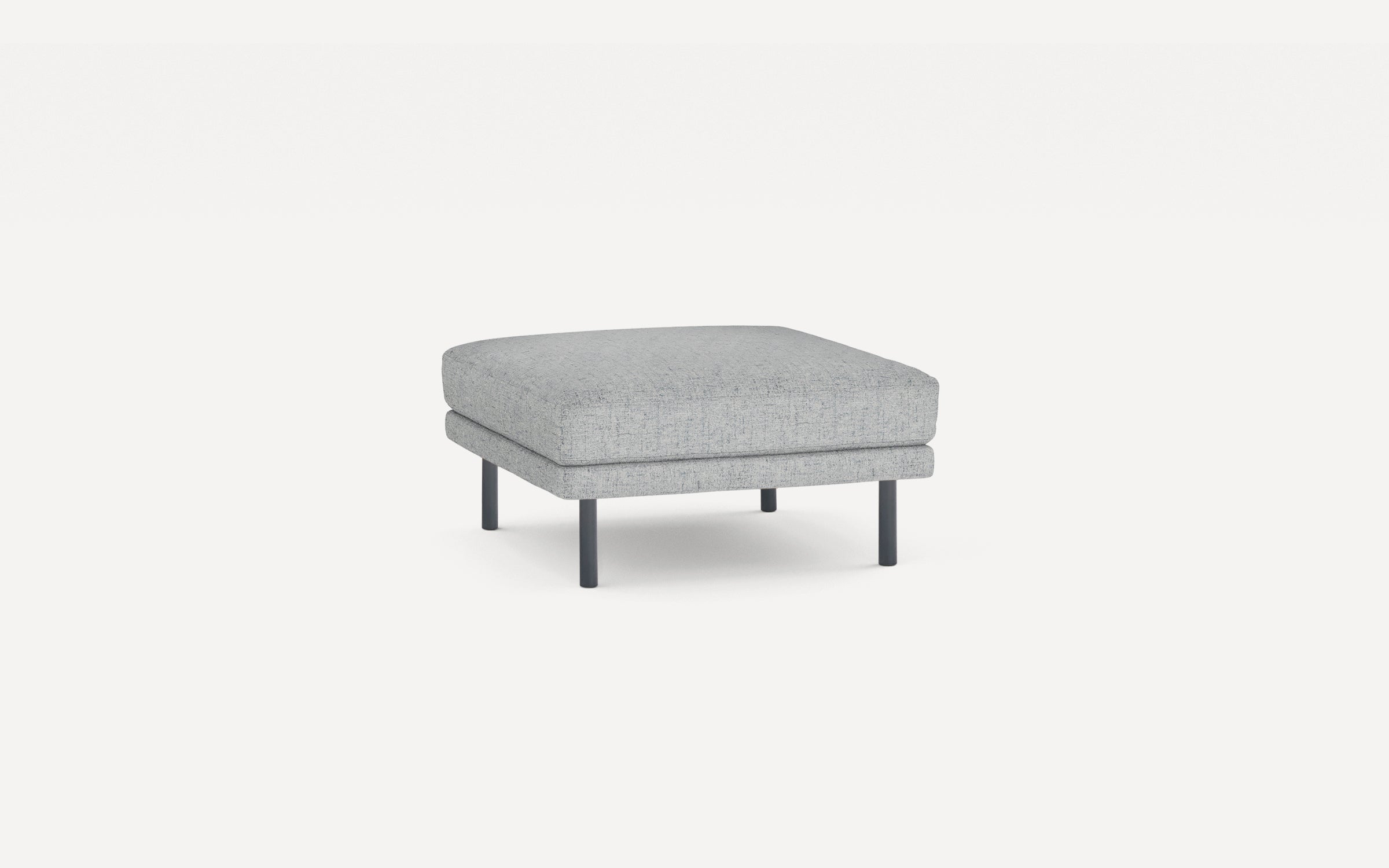 Square modern ottoman upholstered in light gray fabric with four black metal legs, minimalist design, isolated on white background.