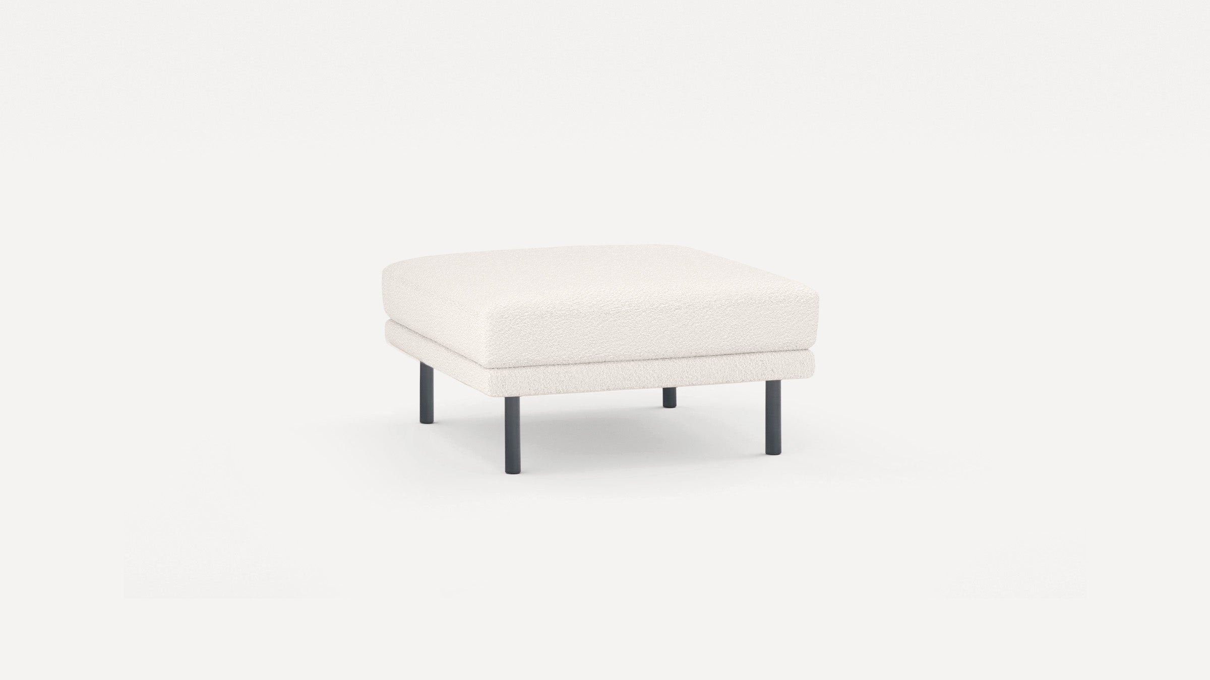 Square ottoman with textured off-white upholstery and four black cylindrical legs, set against a plain white background.