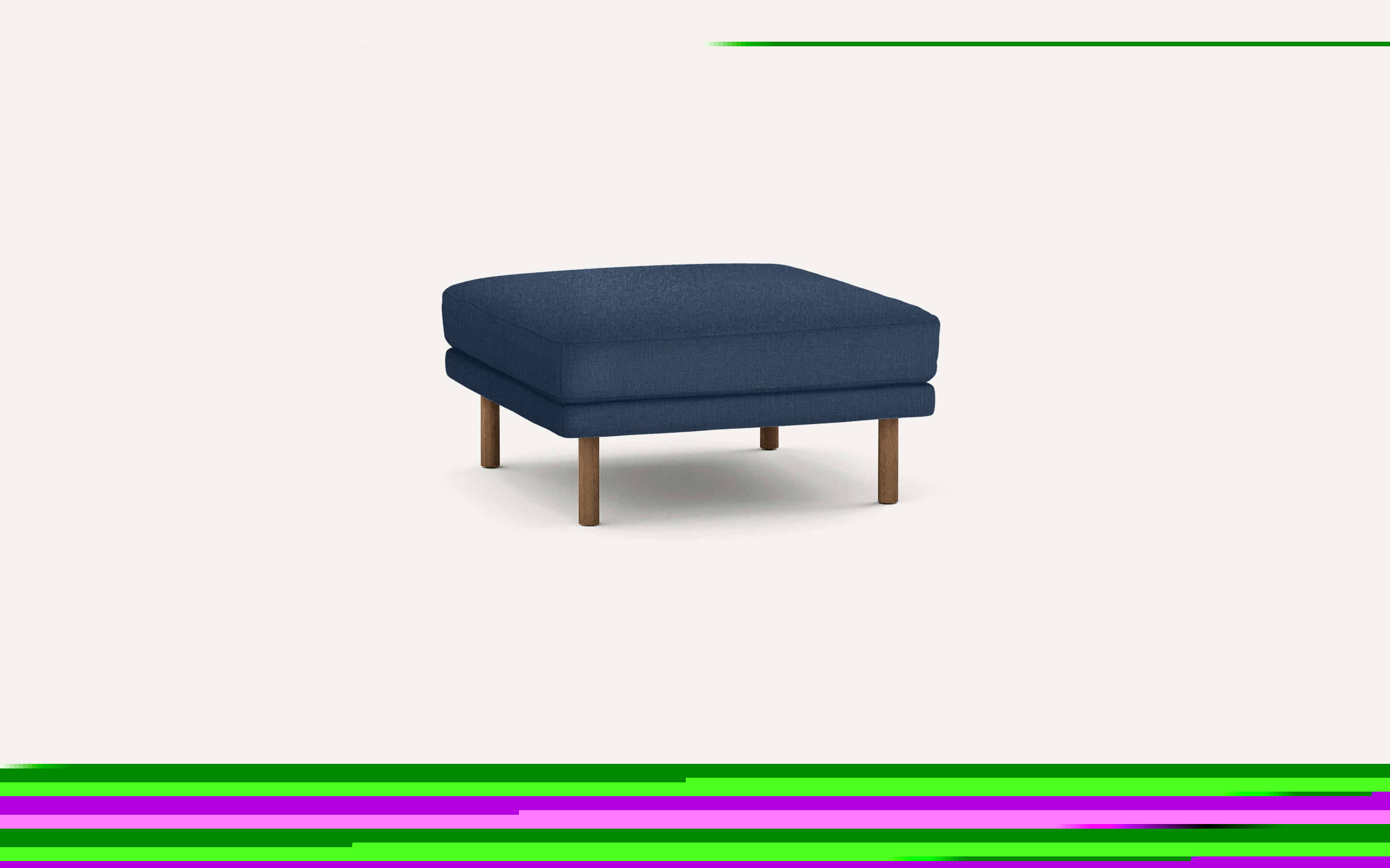 Blue upholstered ottoman with wooden legs, shown from a side angle on a white background.