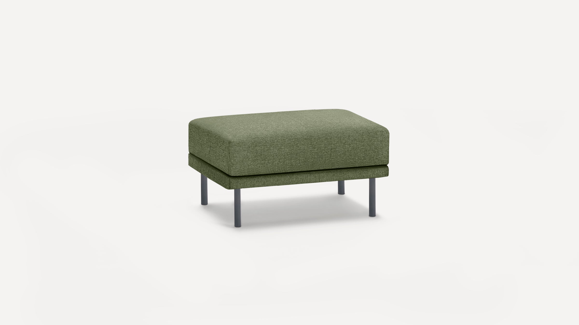 Rectangular olive green upholstered ottoman with black metal legs, featuring a modern minimalist design.