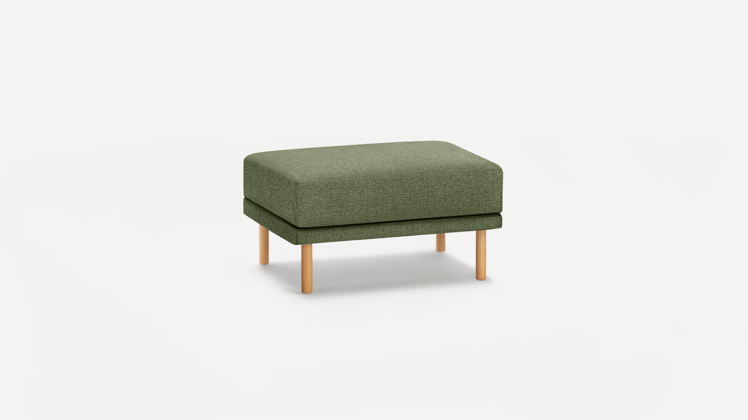 Rectangular olive green upholstered ottoman with four light wooden legs, featuring a clean, modern design.