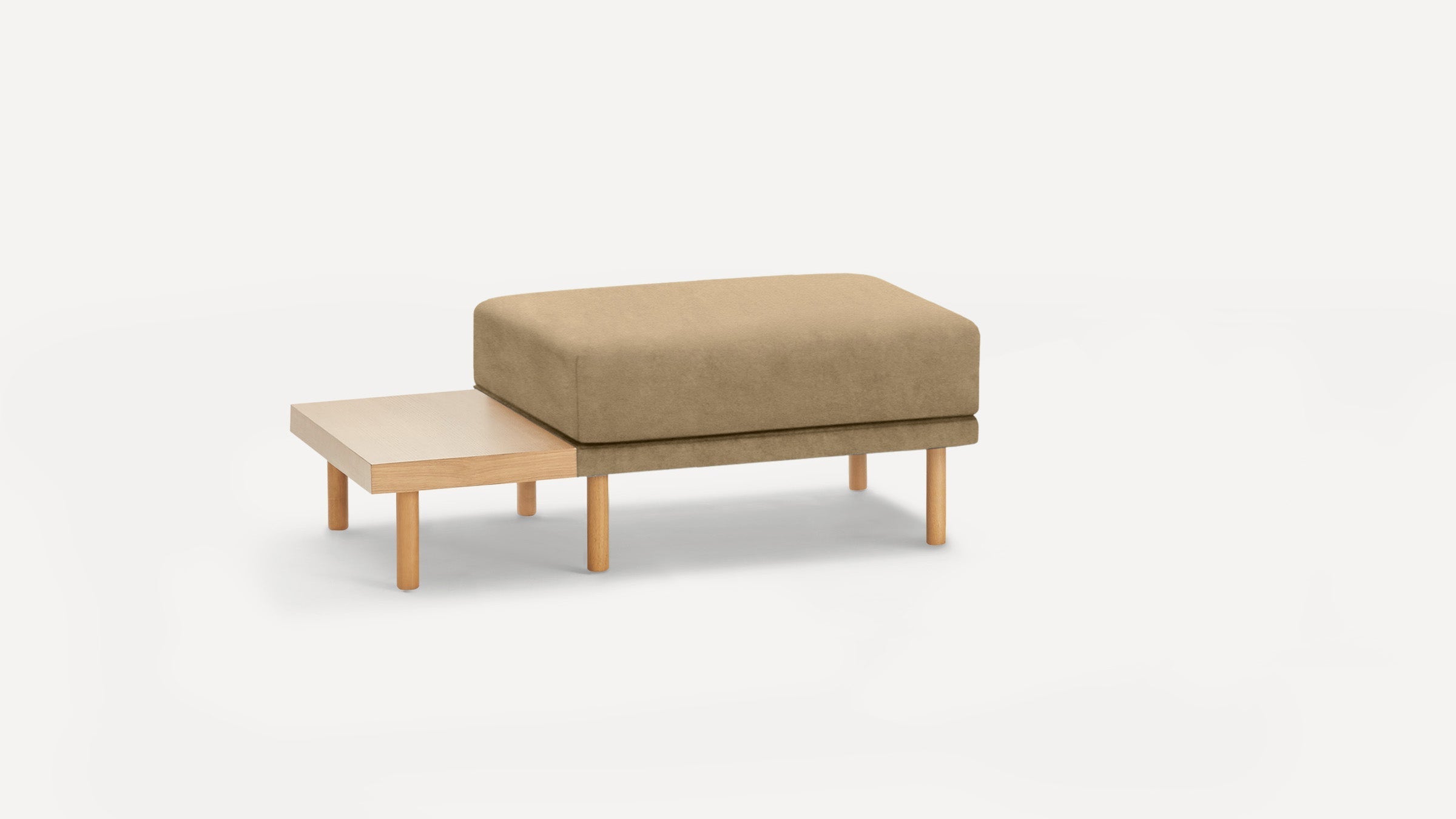 Modern minimalist bench with beige cushioned seat and light wooden side table, supported by round wooden legs.
