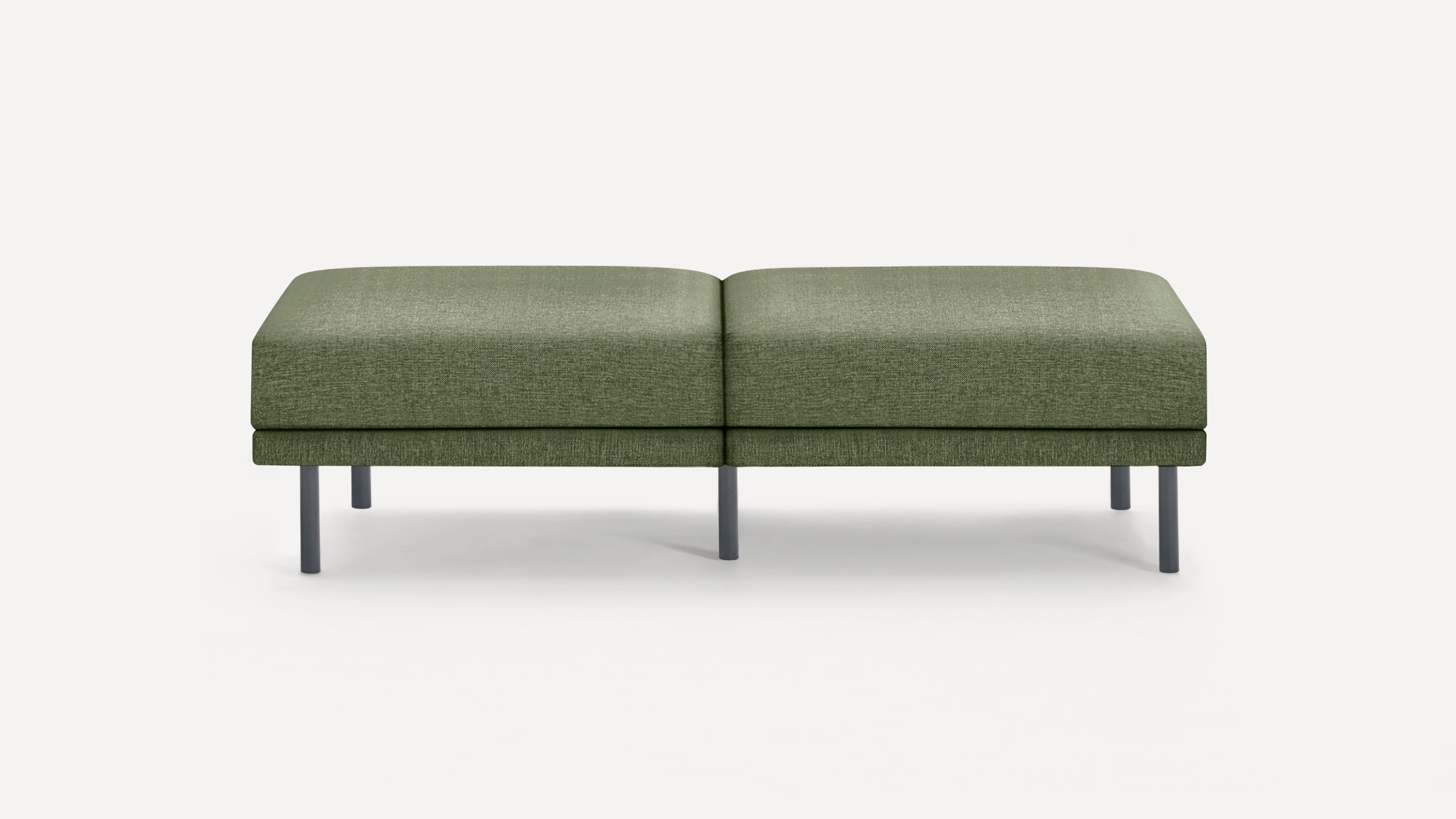 Modern olive green upholstered bench with black slender metal legs, featuring a minimalist and clean design.