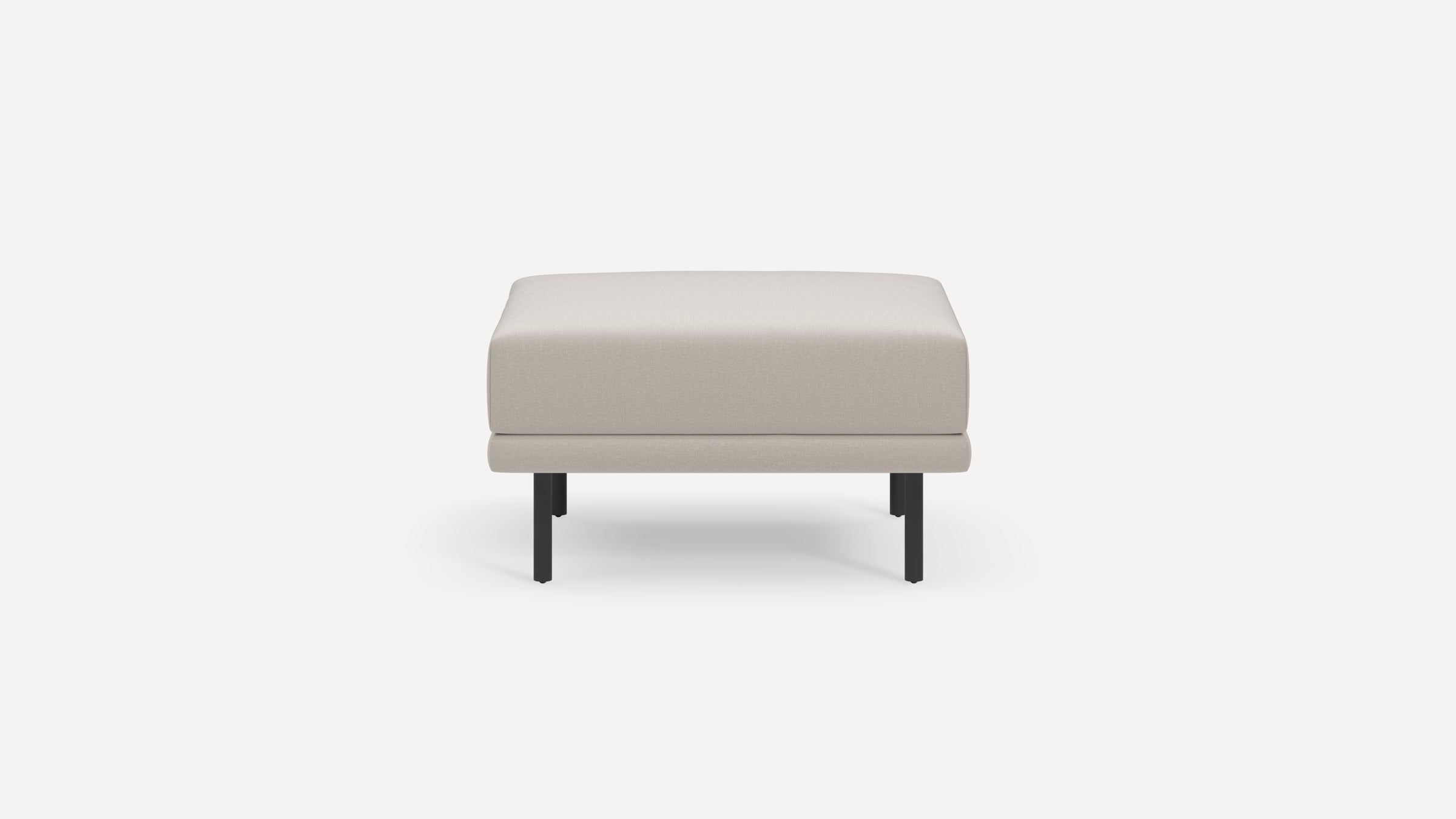 Square beige upholstered ottoman with black metal legs, shown from the front on a white background.