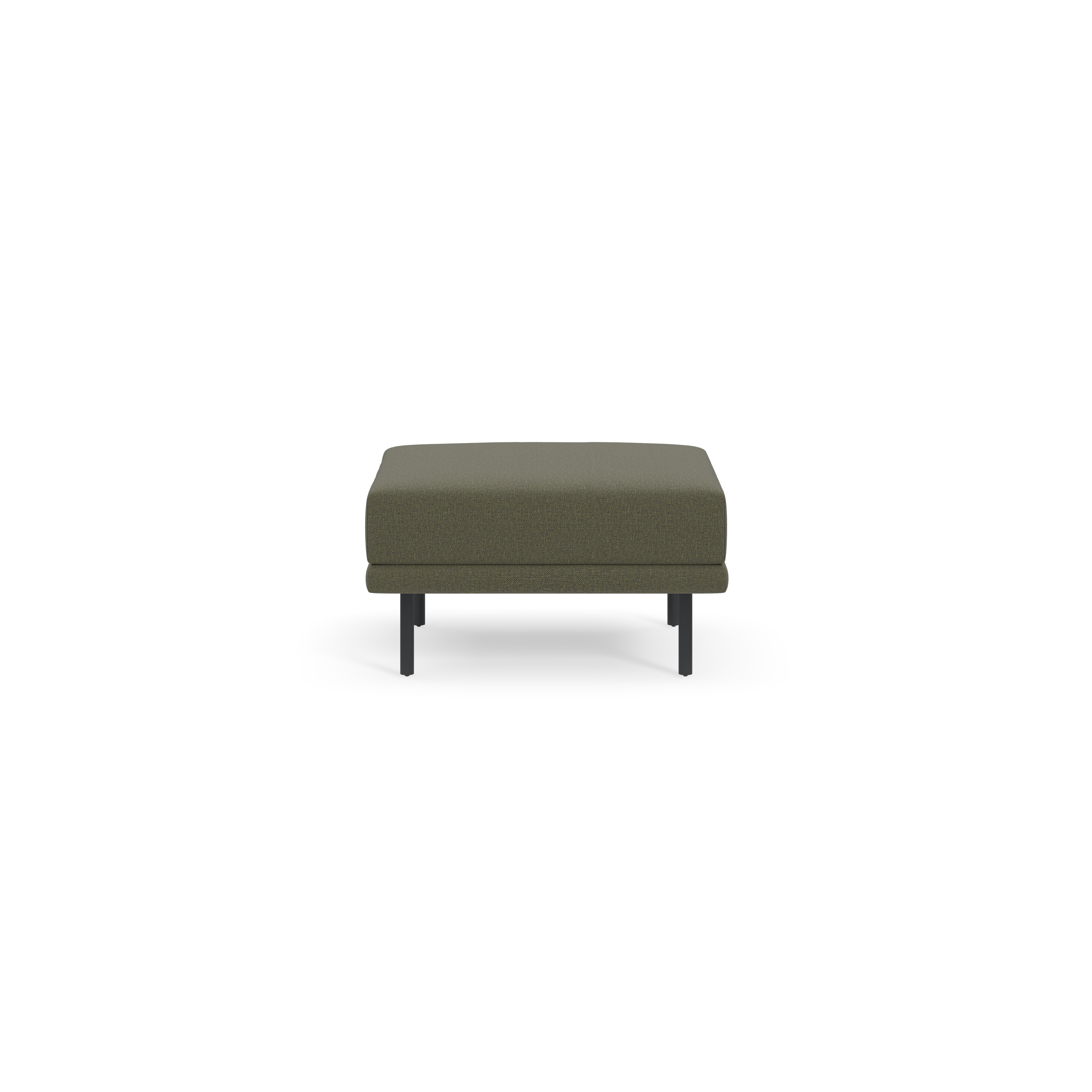Modern rectangular Moss green ottoman with black metal legs, featuring a cushioned top for comfortable seating or resting feet.