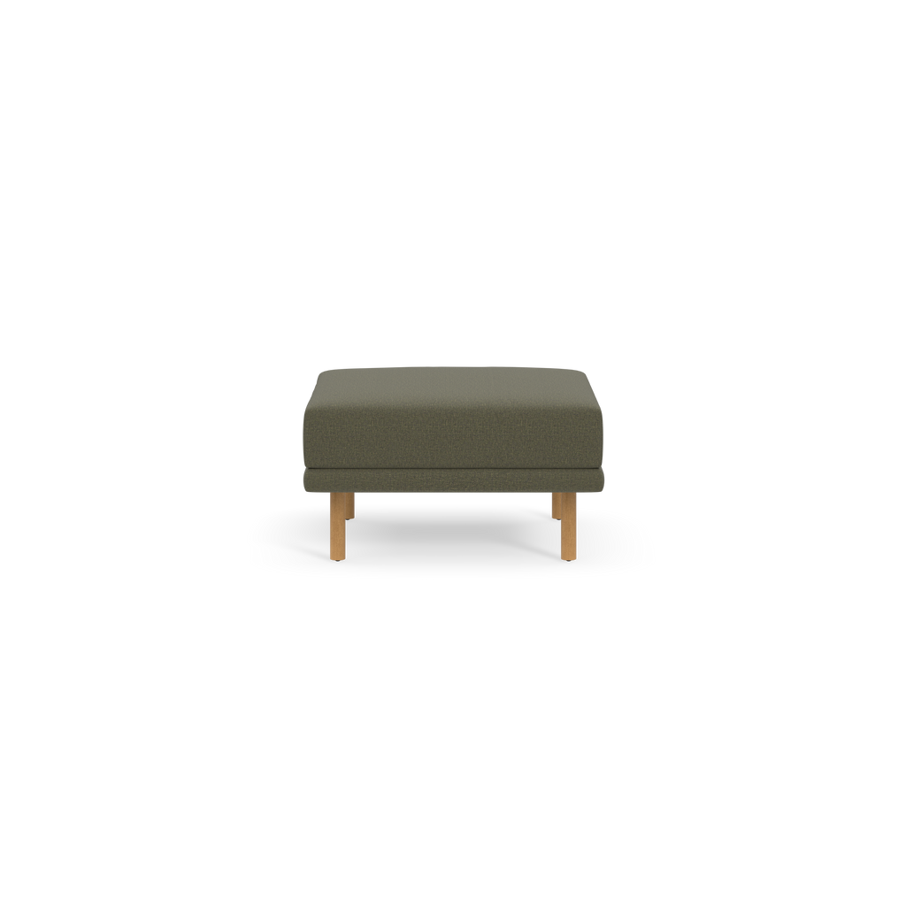 Rectangular Moss green ottoman with wooden legs, featuring a cushioned top and an additional padded layer beneath.