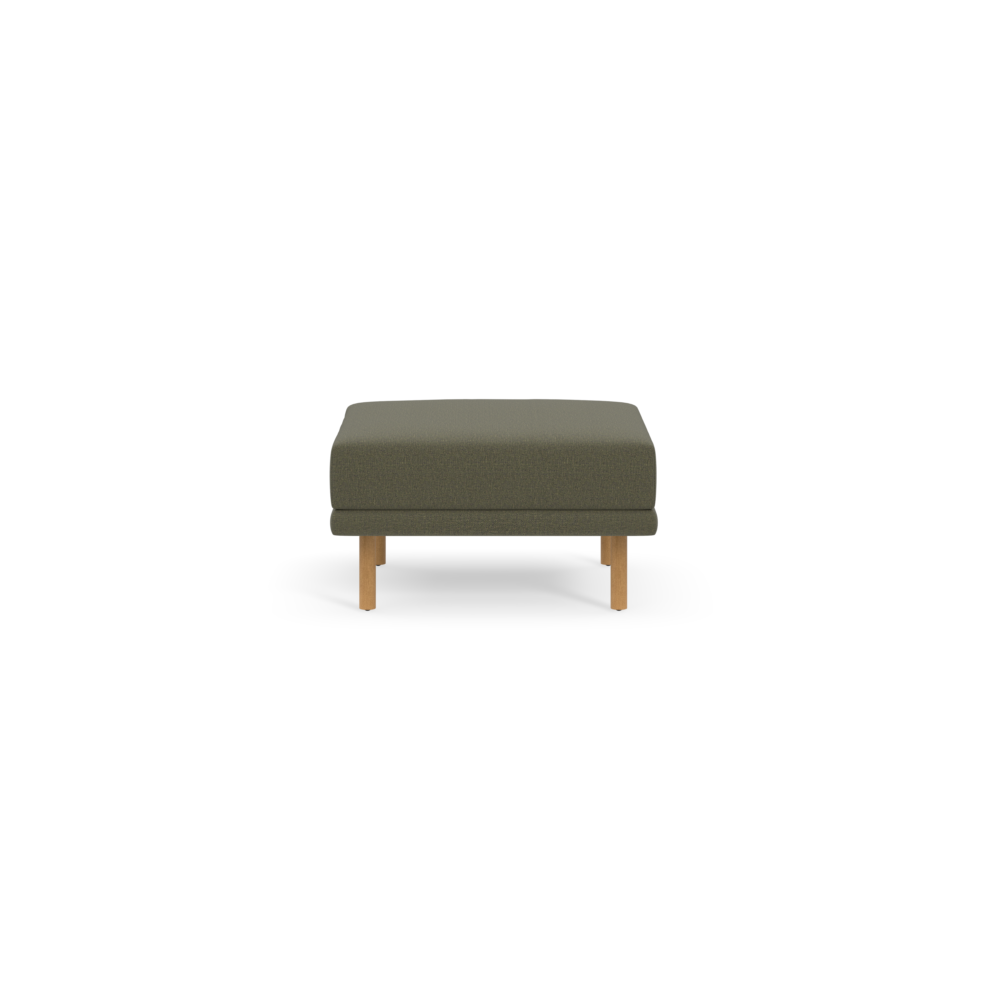 Rectangular Moss green ottoman with wooden legs, featuring a cushioned top and an additional padded layer beneath.