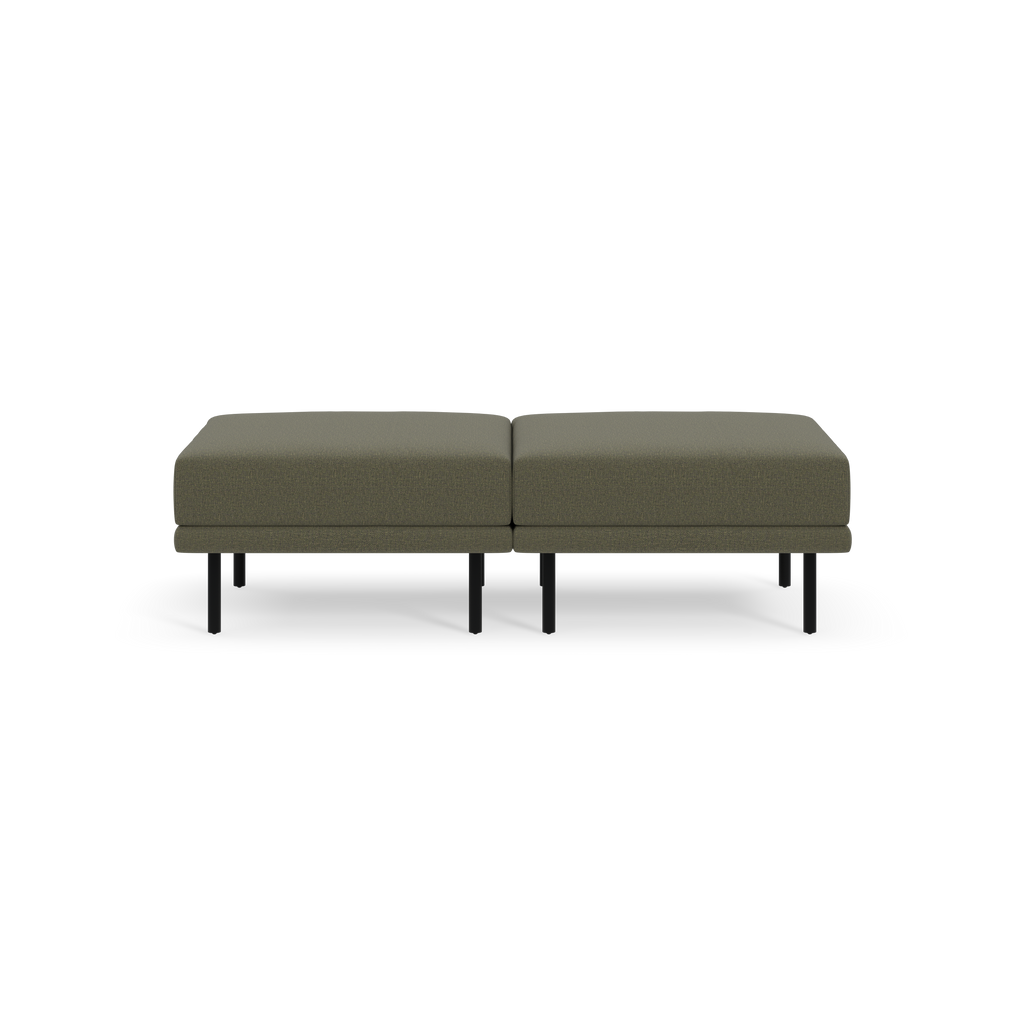 Modern olive-green rectangular ottoman with black metal legs, featuring two cushioned sections side by side on a black background.