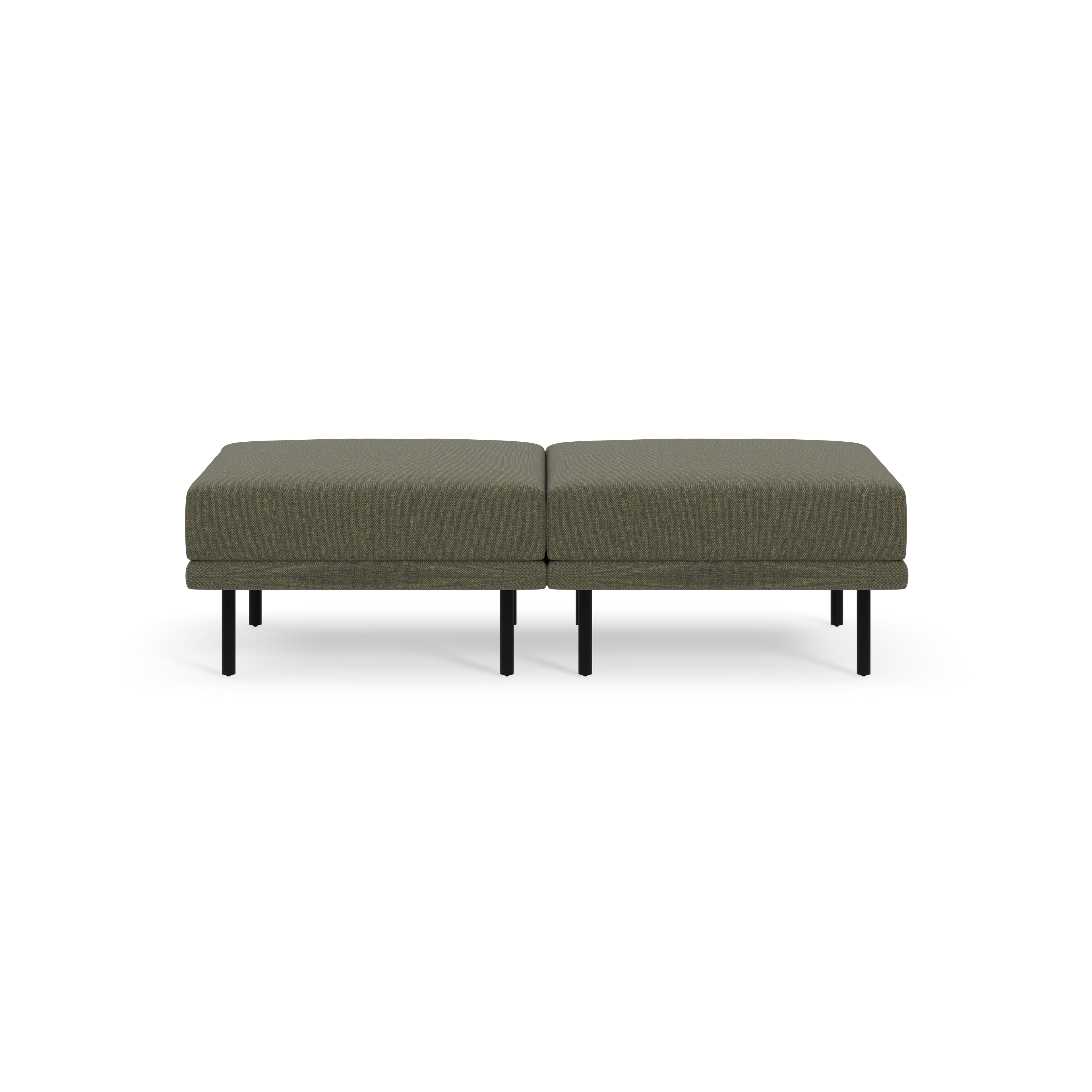 Modern olive-green rectangular ottoman with black metal legs, featuring two cushioned sections side by side on a black background.