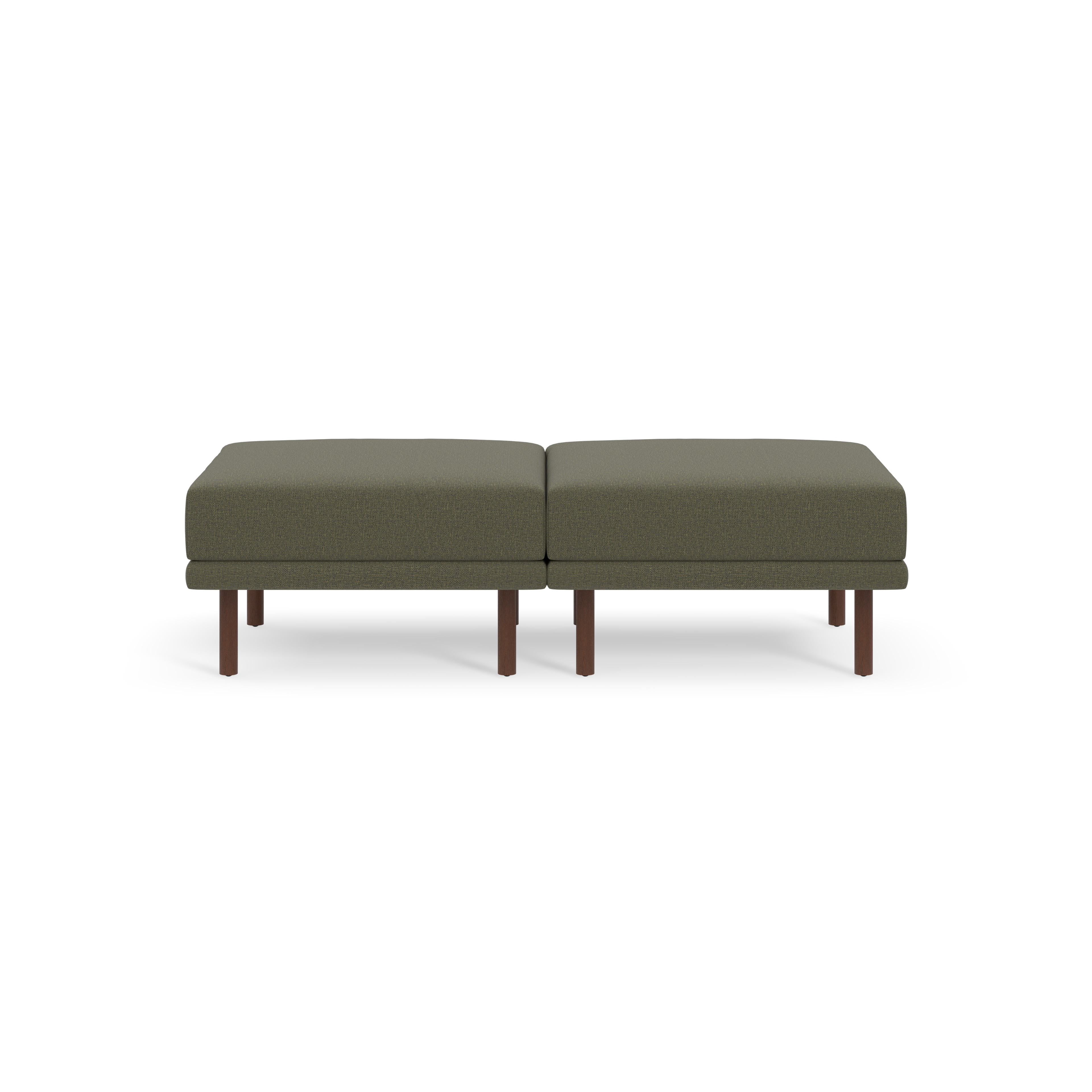 Two square Moss green upholstered cushions with brown wooden legs, arranged side by side on a black background.