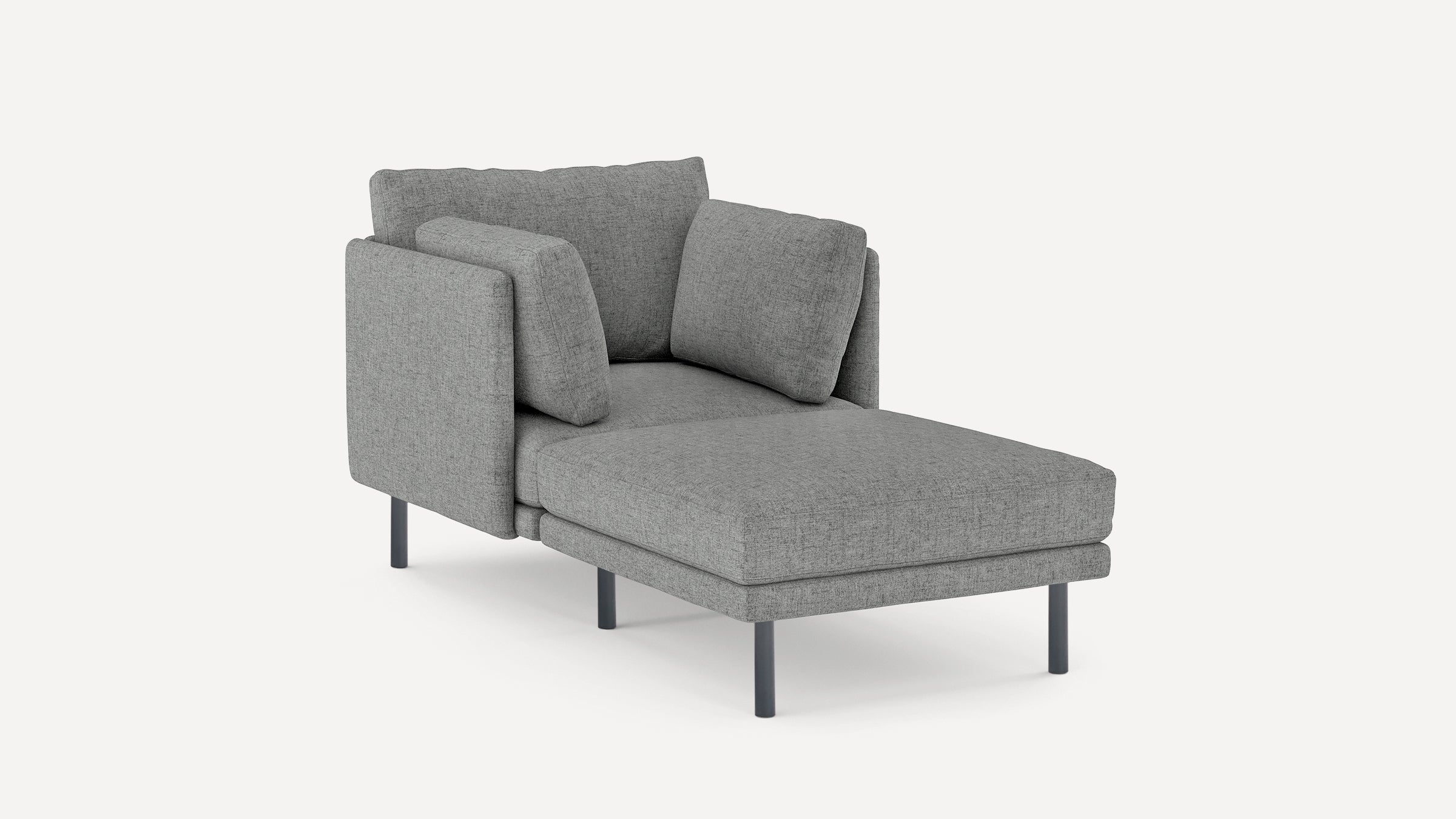 Modern gray upholstered chaise lounge with metal legs, two large cushions and a plush seat cushion.
