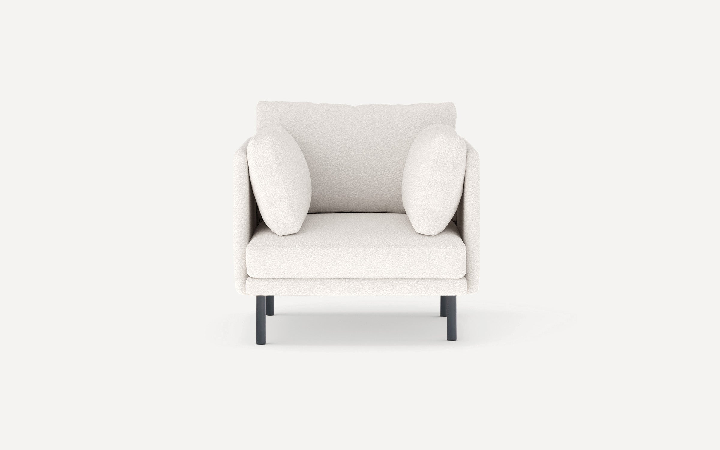Modern white upholstered armchair with soft cushions and black legs, shown front-facing on a plain white background.