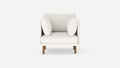 Front view of a modern, plush white armchair with two side cushions and wooden legs on a plain background.