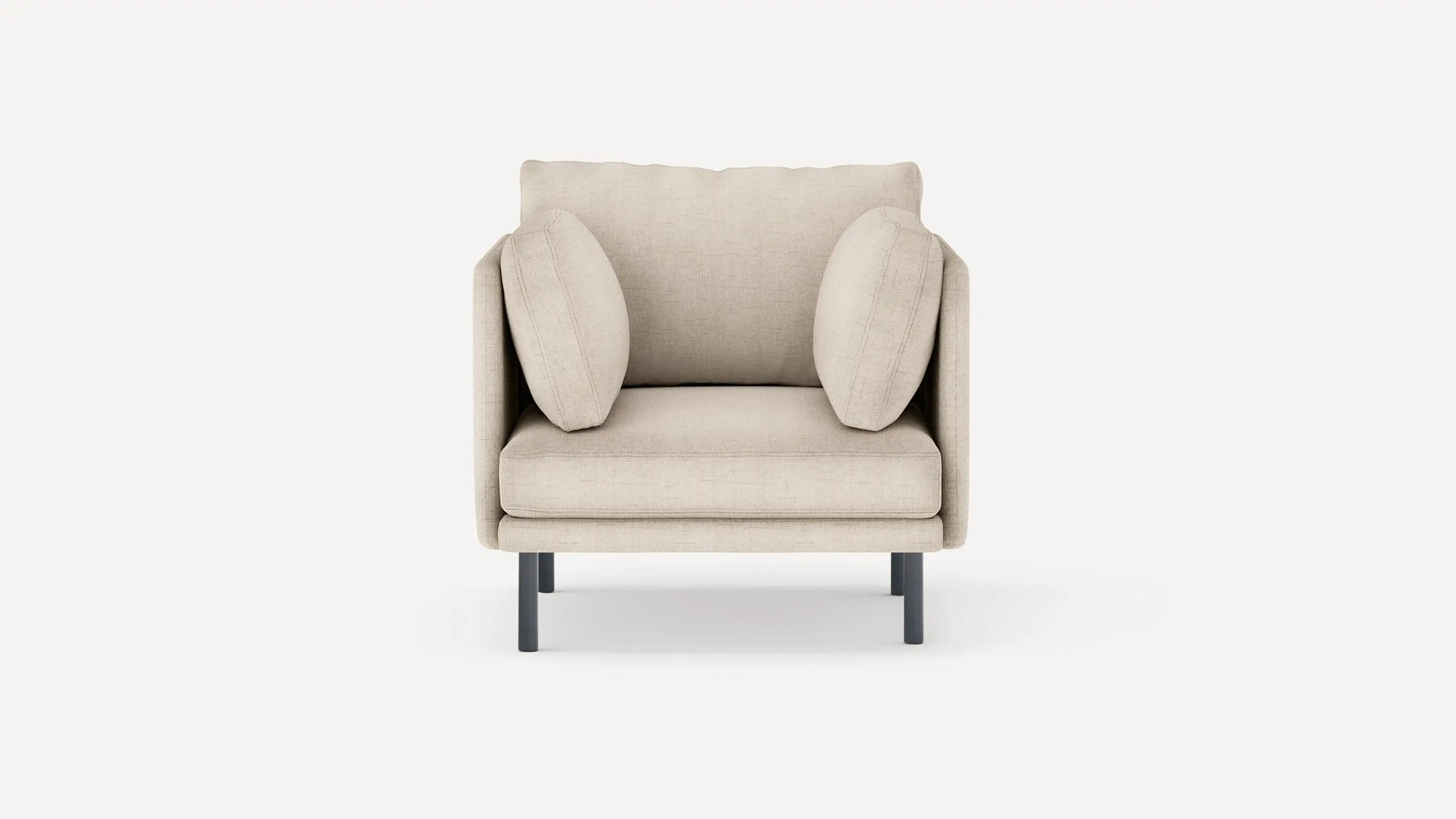 Front view of a beige armchair with two side cushions and dark metal legs, set against a white background.