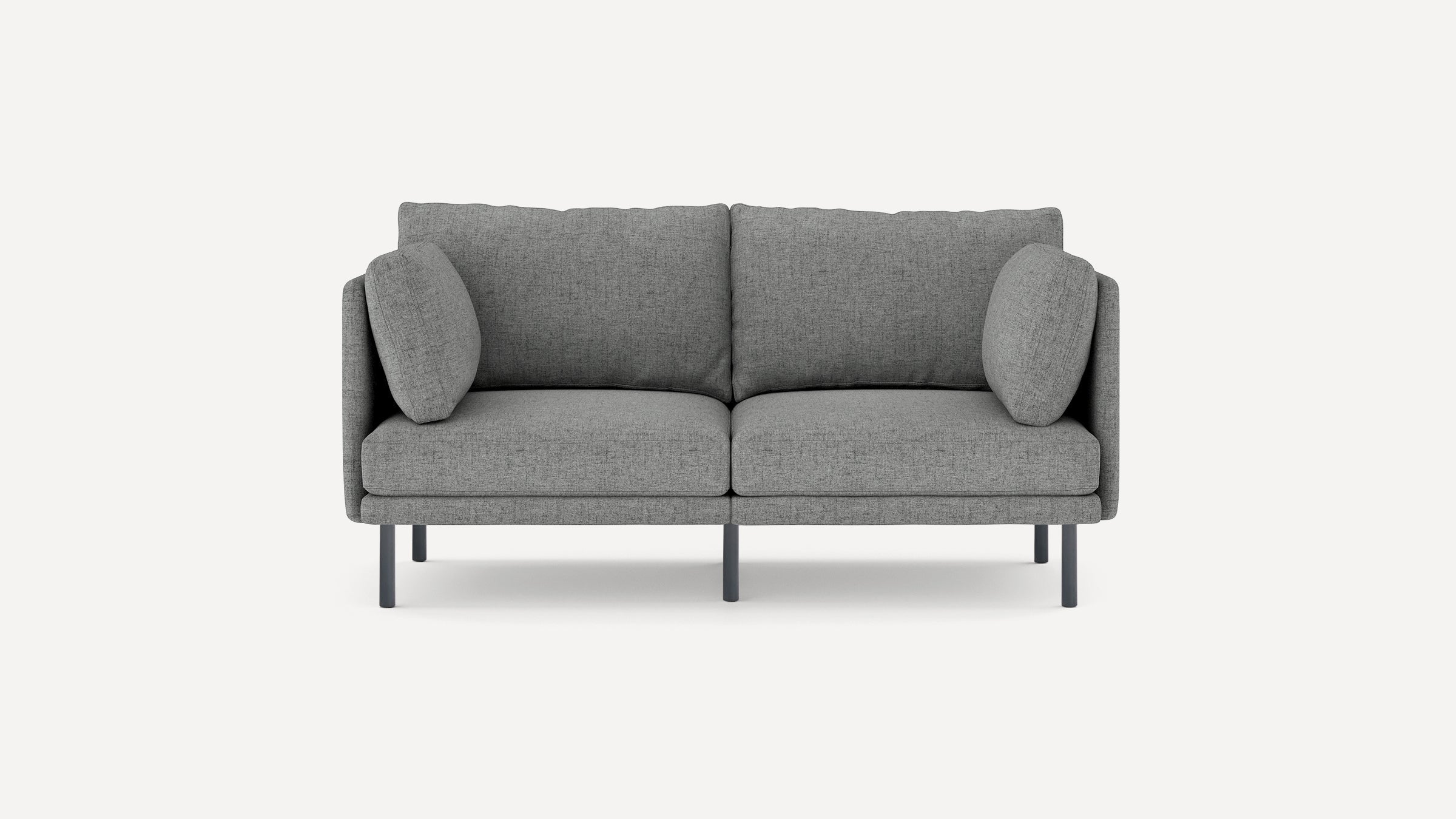 modern gray fabric loveseat with black metal legs and clean lines on the back, featuring a clean, minimalist design