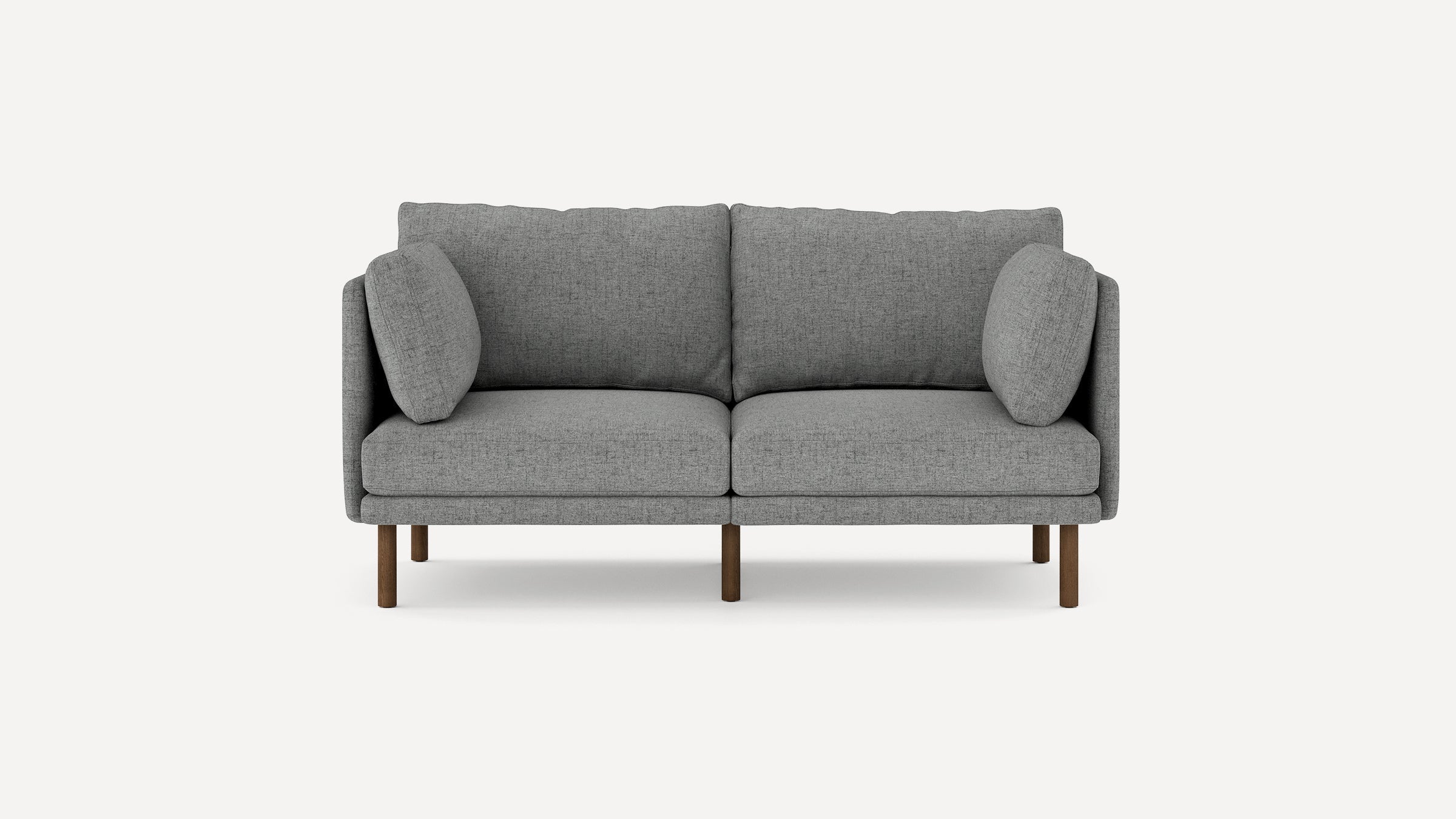 modern gray fabric loveseat with wooden legs and clean lines on the back, featuring a clean, minimalist design