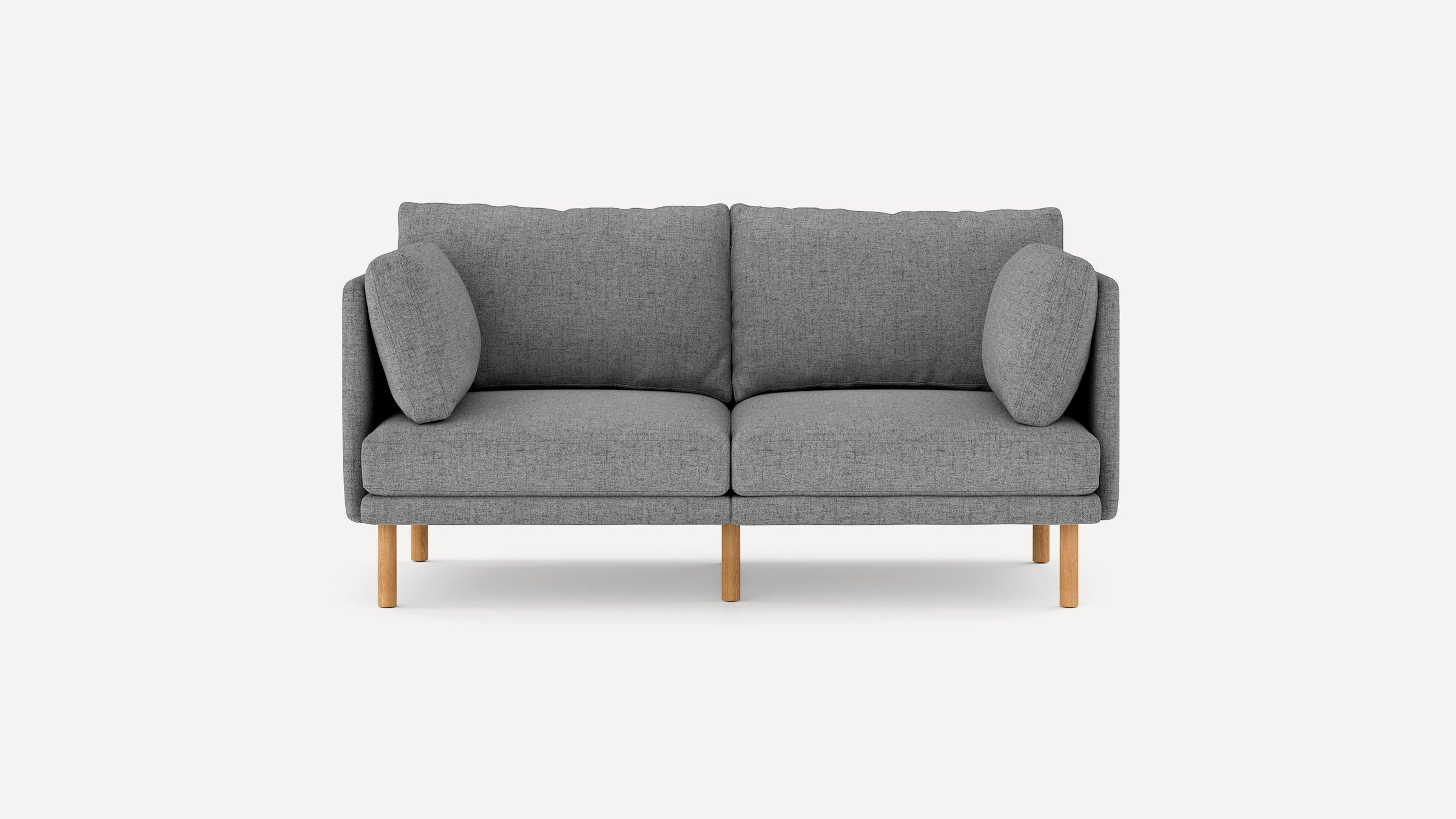 modern gray fabric loveseat with wooden legs and clean lines on the back, featuring a clean, minimalist design